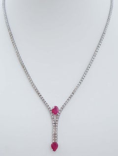 Rubies, Diamonds, 14 Karat White Gold Tennis Necklace.