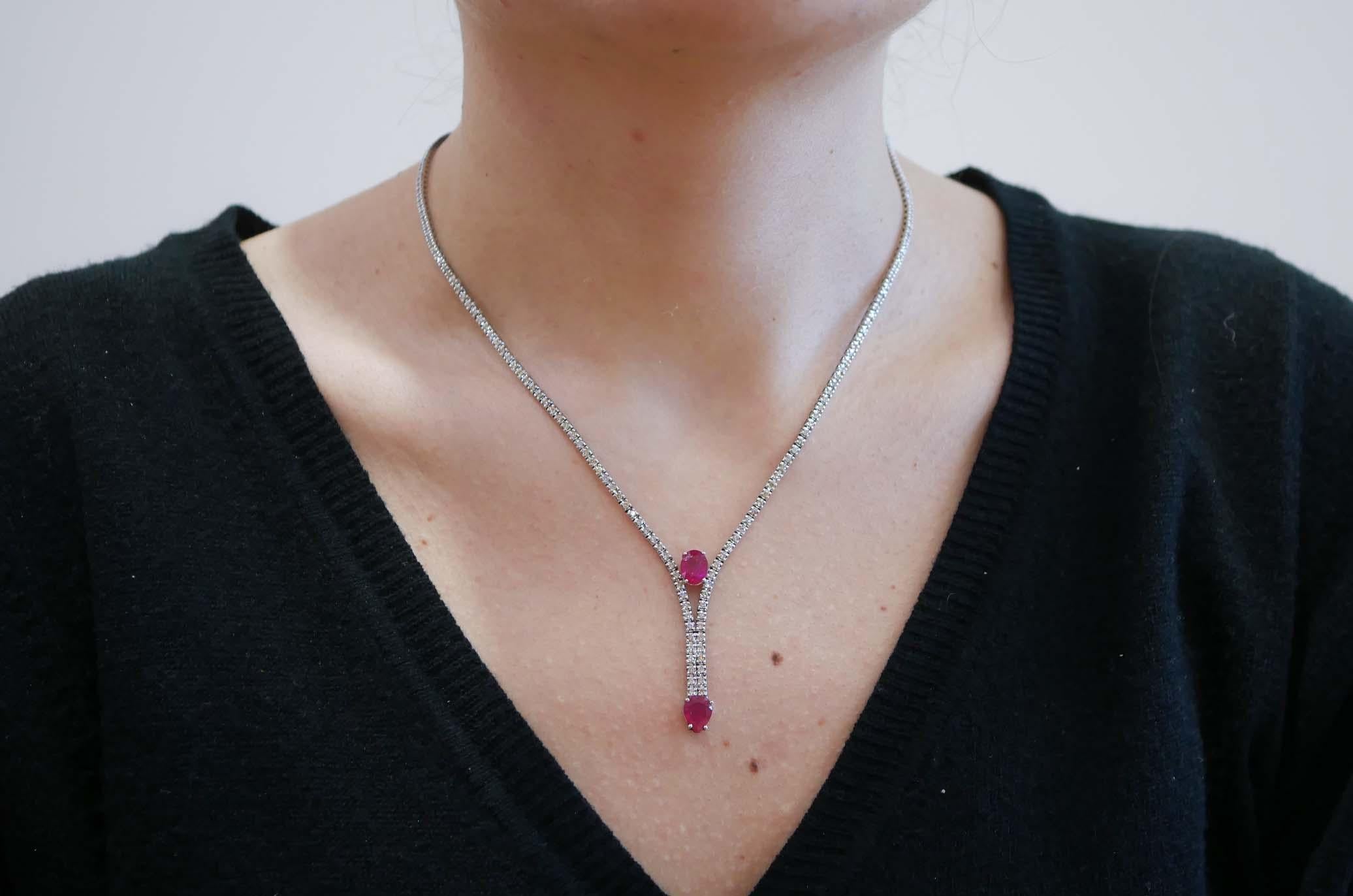 Rubine, Diamanten, 14 Karat Weißgold-Tennis-Halskette. im Zustand „Gut“ im Angebot in Marcianise, Marcianise (CE)