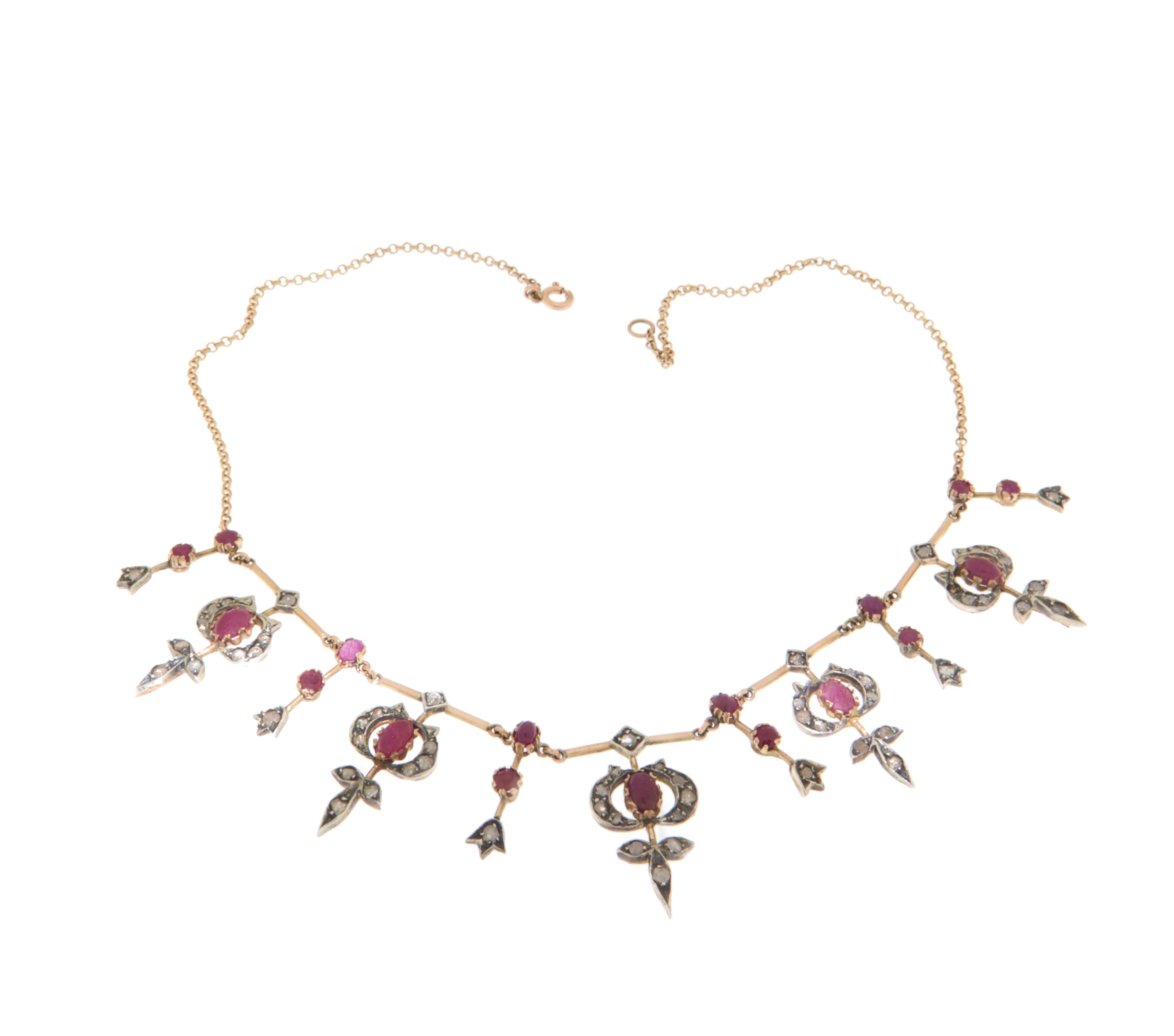 Artisan Rubies Diamonds 14 Karat Yellow Gold Choker Necklace For Sale