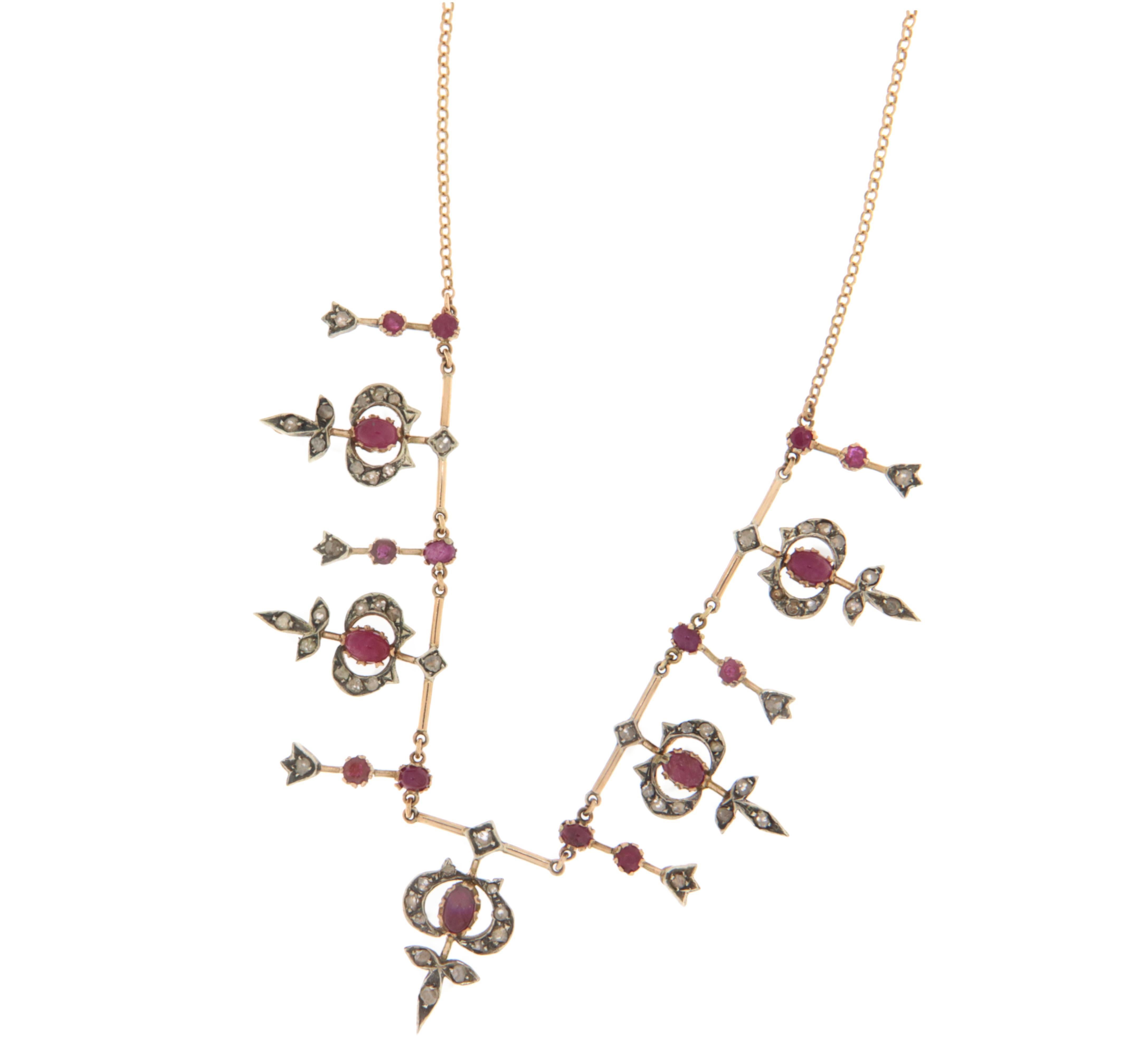 Brilliant Cut Rubies Diamonds 14 Karat Yellow Gold Choker Necklace For Sale