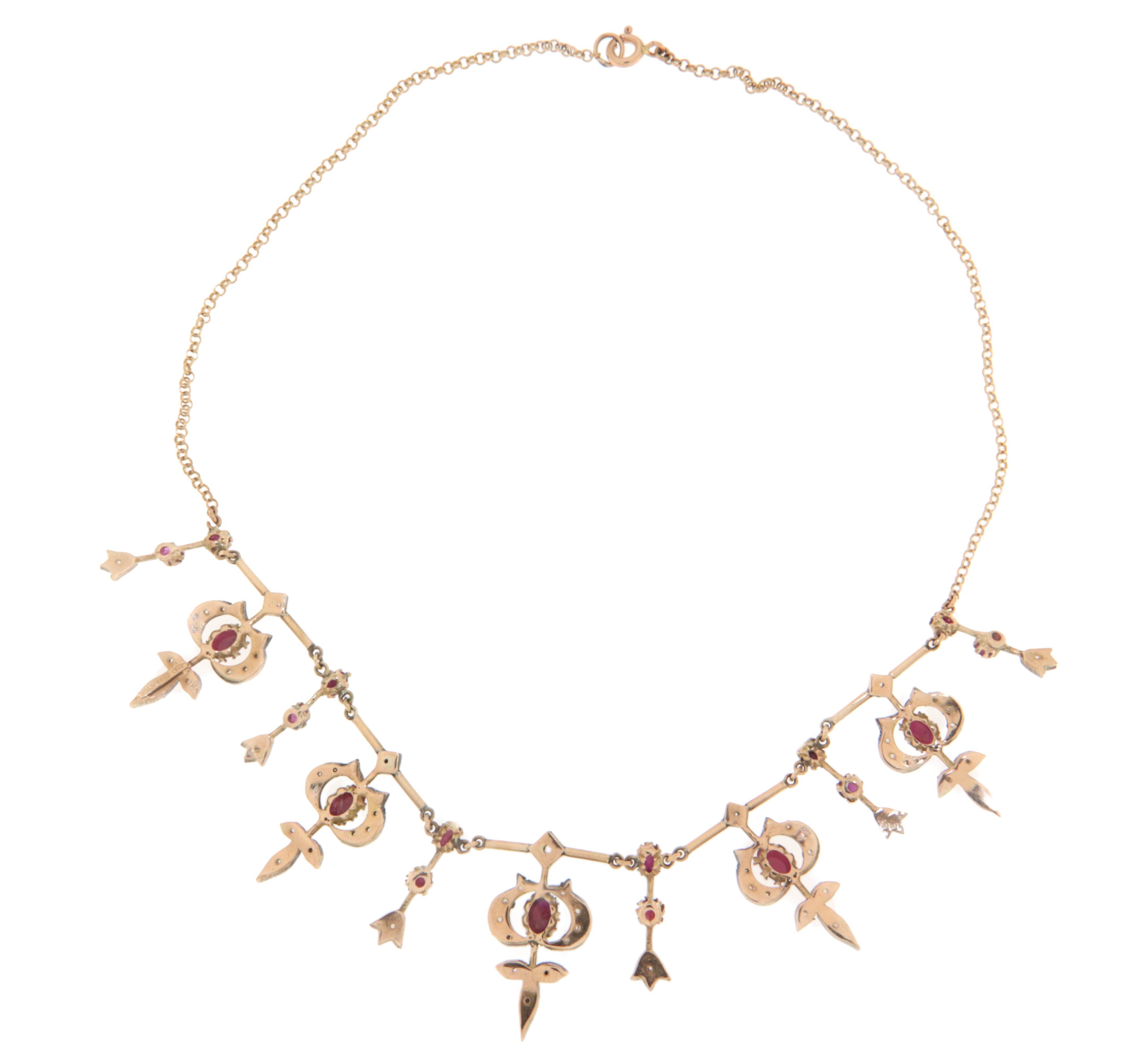 Rubies Diamonds 14 Karat Yellow Gold Choker Necklace In New Condition For Sale In Marcianise, IT