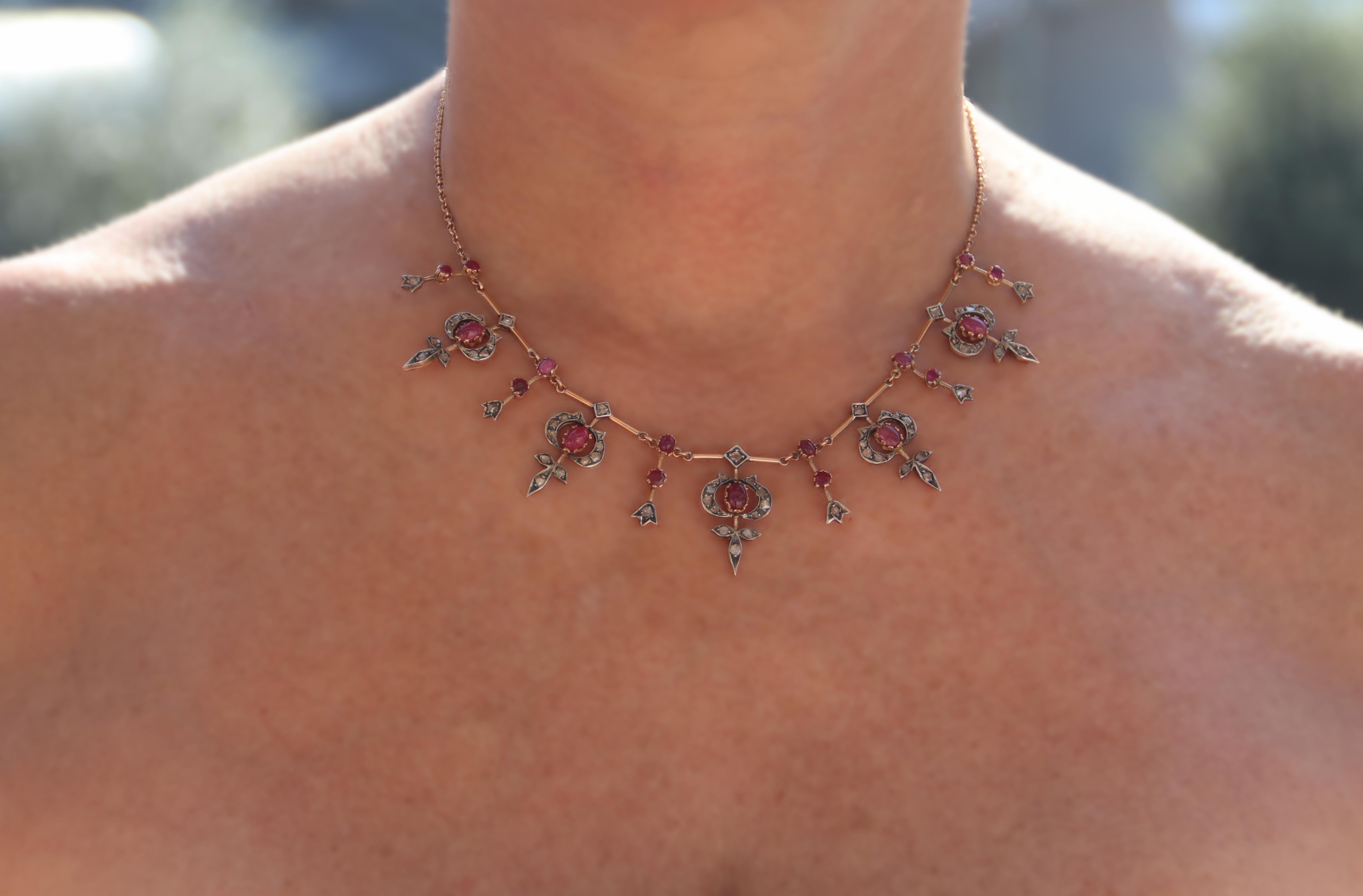 Women's Rubies Diamonds 14 Karat Yellow Gold Choker Necklace For Sale