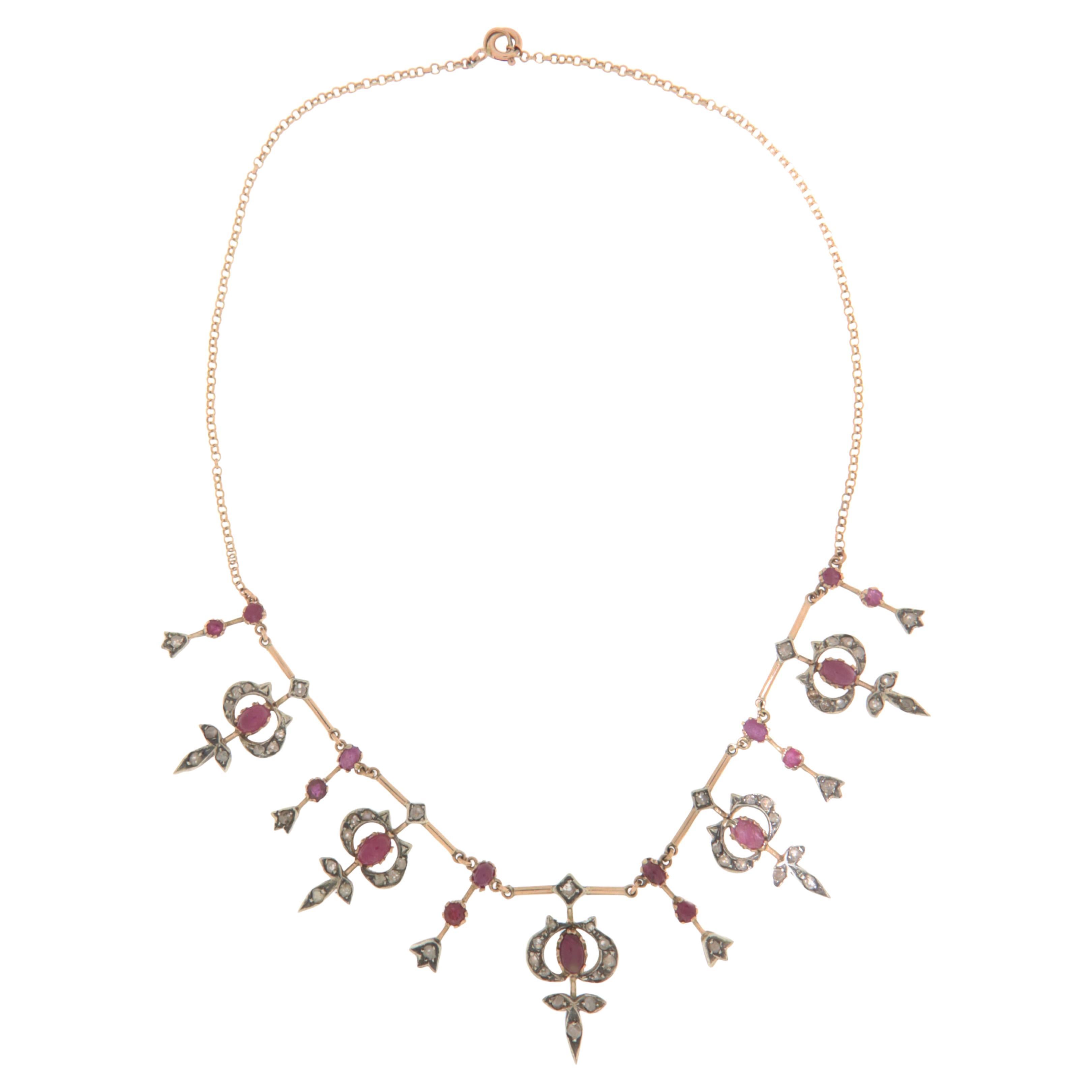 Rubies Diamonds 14 Karat Yellow Gold Choker Necklace For Sale