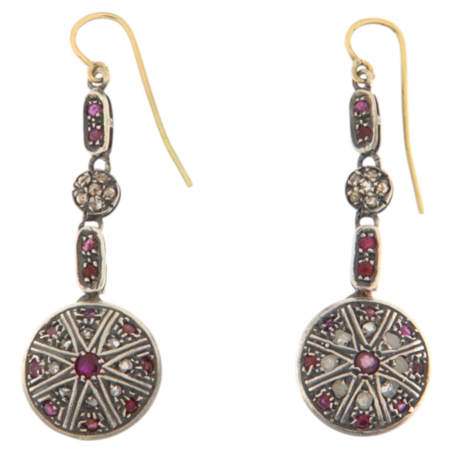1950s Mid-Century Ruby Diamond 14K Yellow Gold Silver Grain Setting Drop Earring For Sale