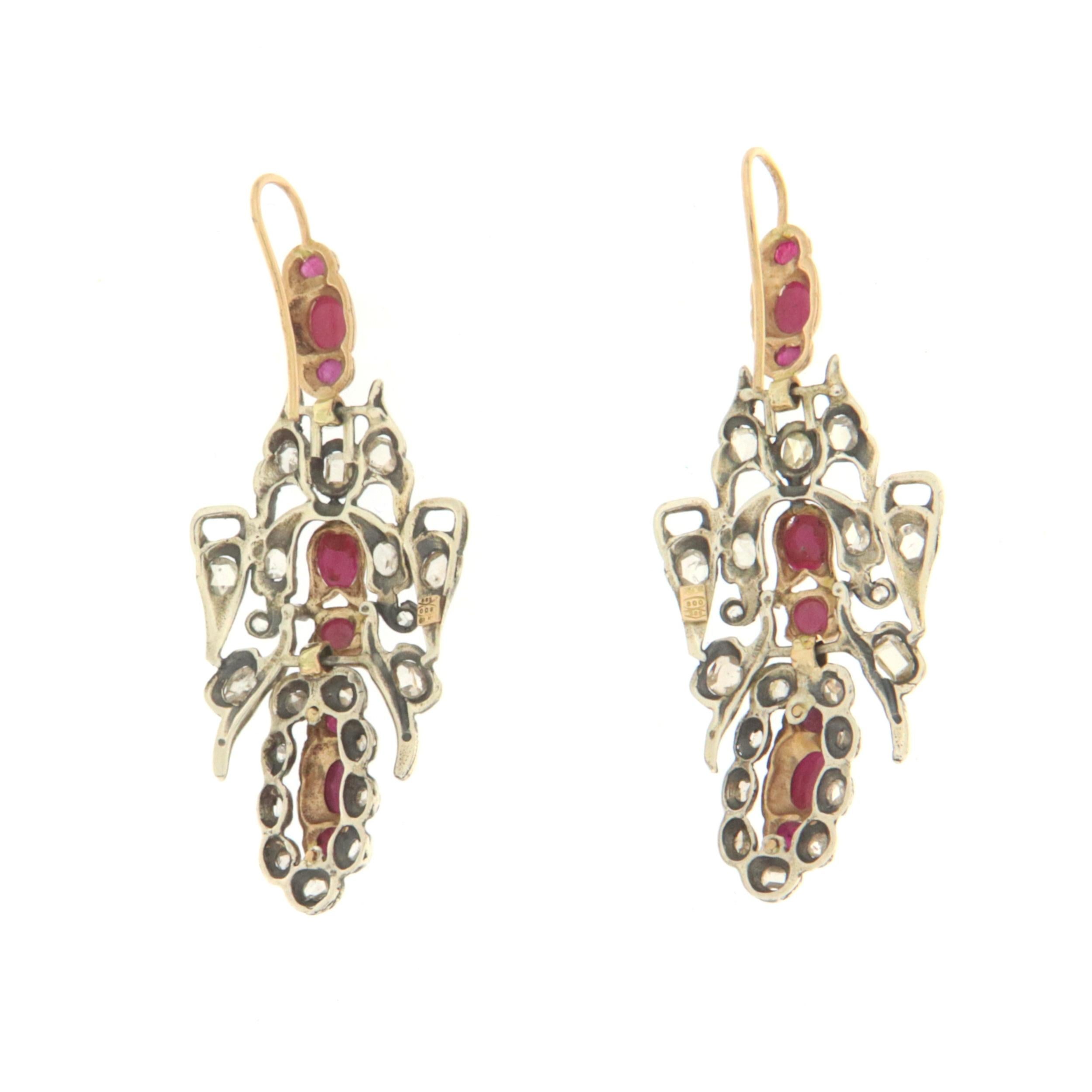 Artisan Rubies Diamonds 14 Karat Yellow Gold Drop Earrings For Sale
