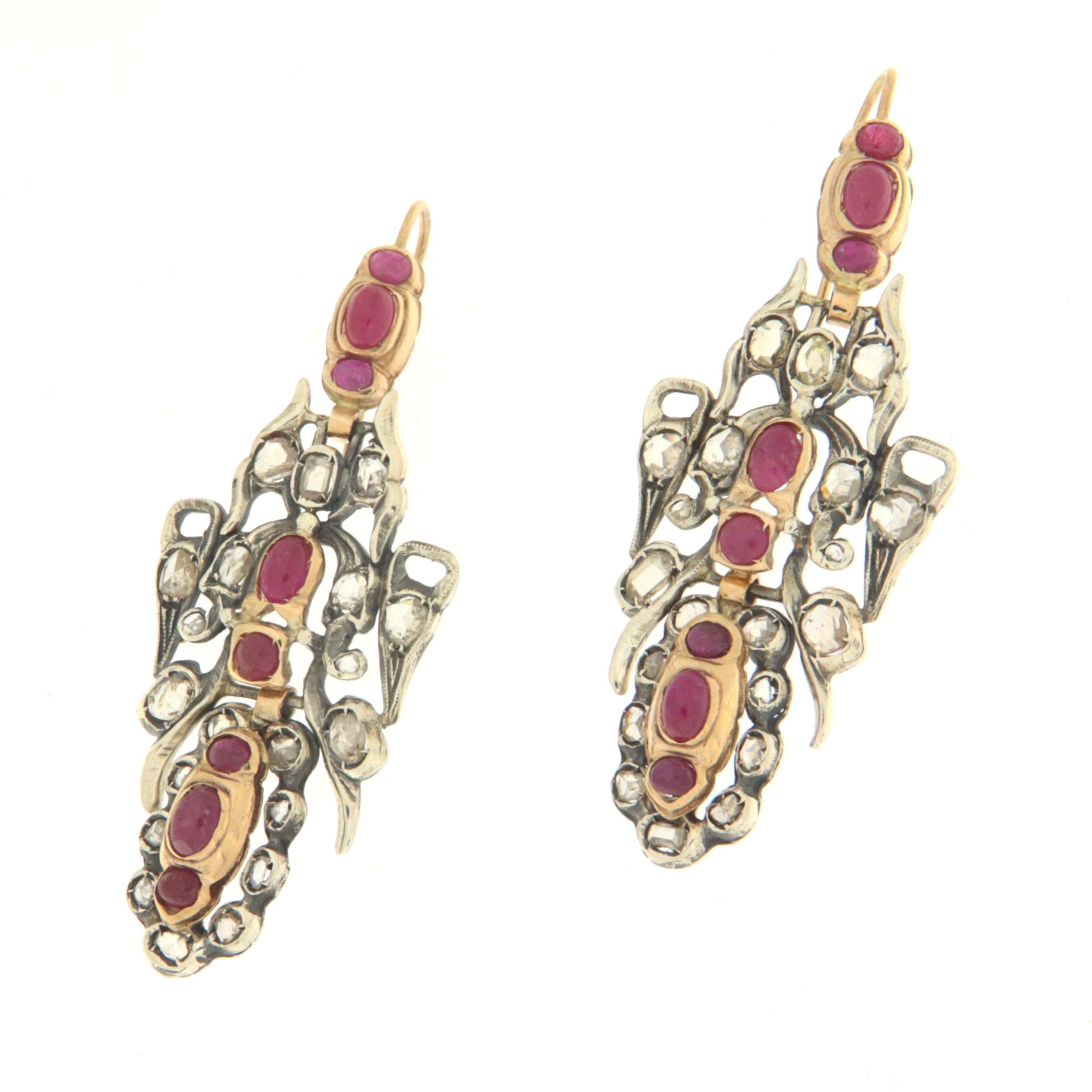 Rose Cut Rubies Diamonds 14 Karat Yellow Gold Drop Earrings For Sale