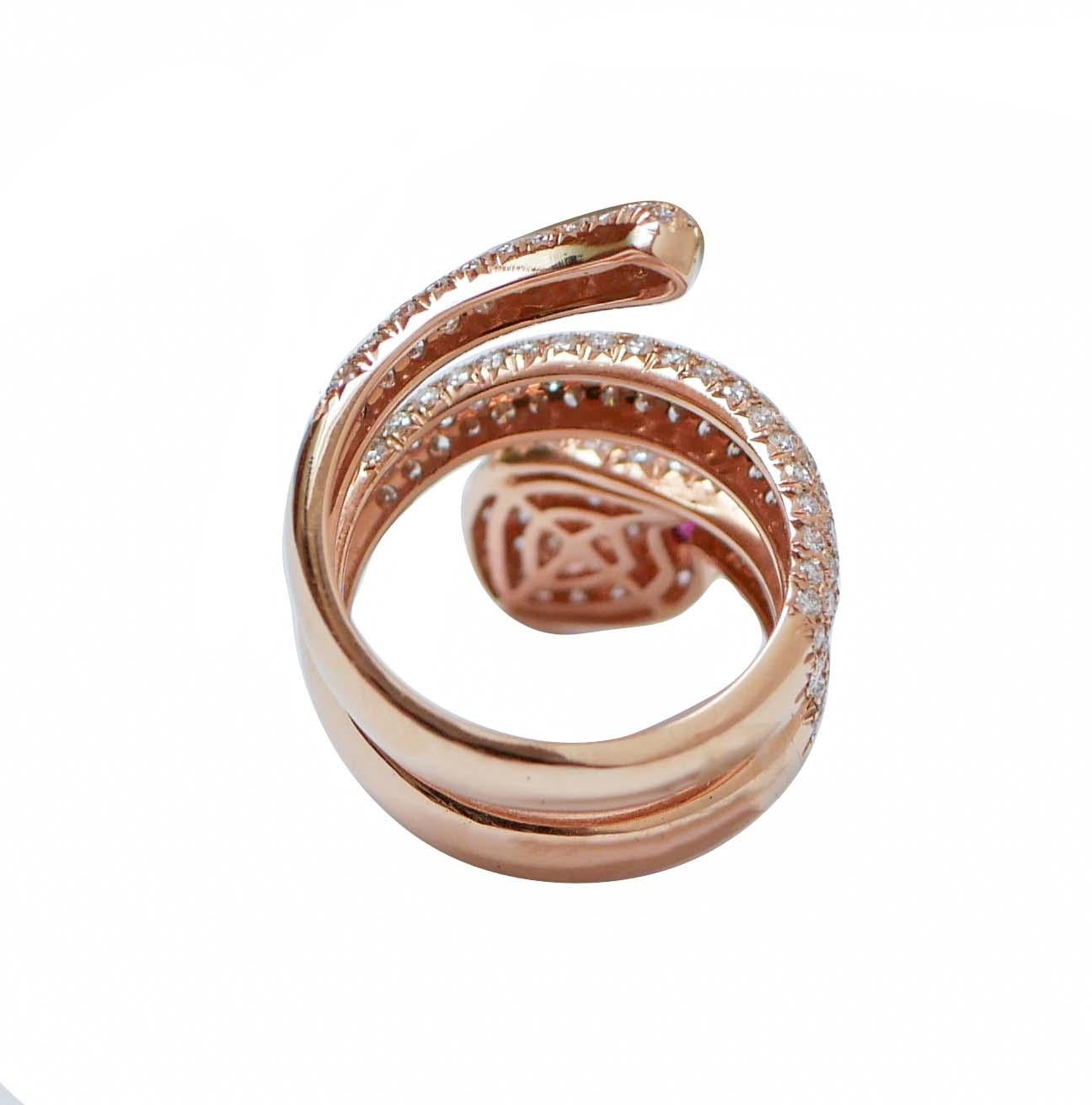 Modern Rubies, Diamonds, 18 Karat Rose Gold Snake Ring.
