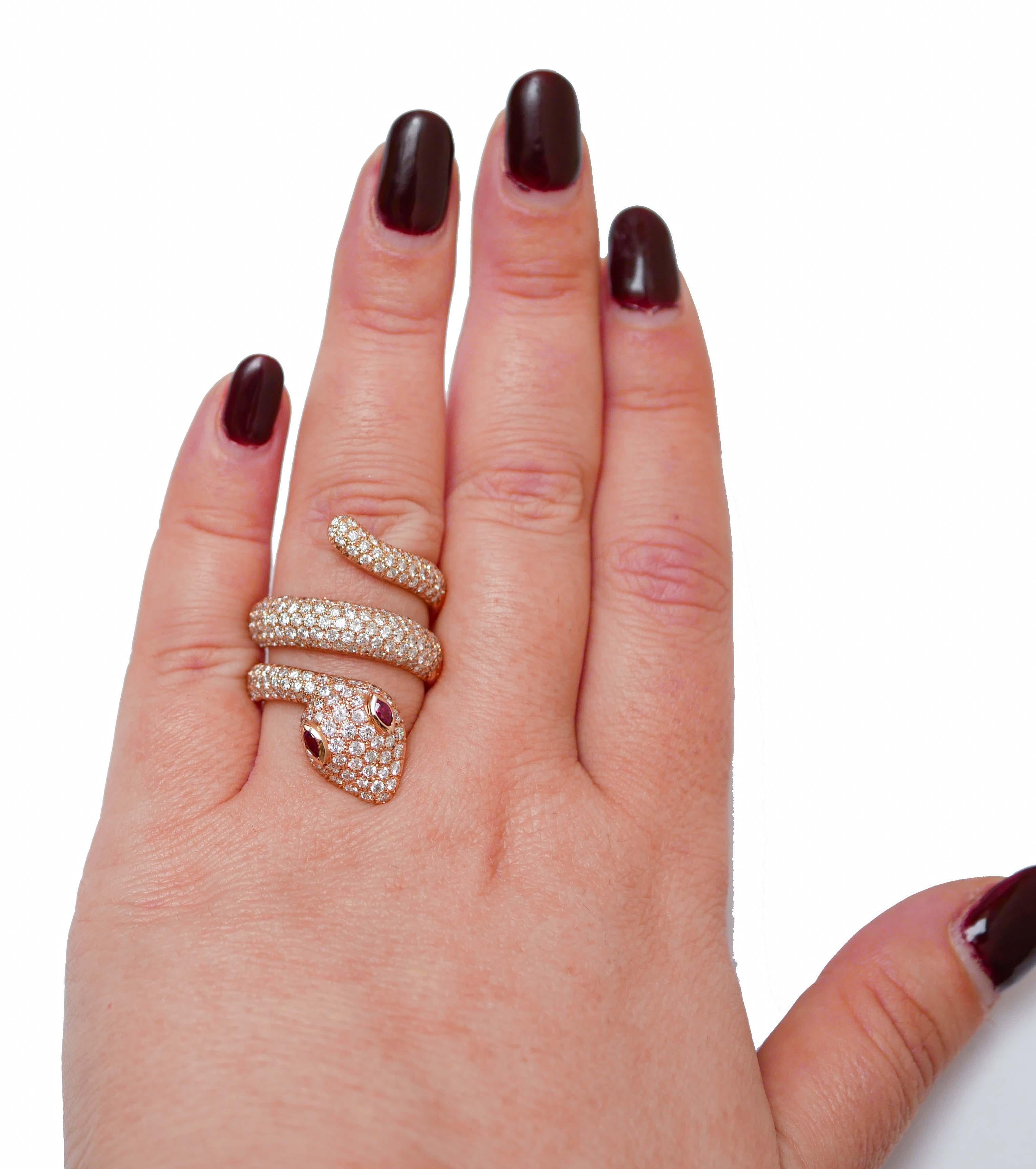 Mixed Cut Rubies, Diamonds, 18 Karat Rose Gold Snake Ring.
