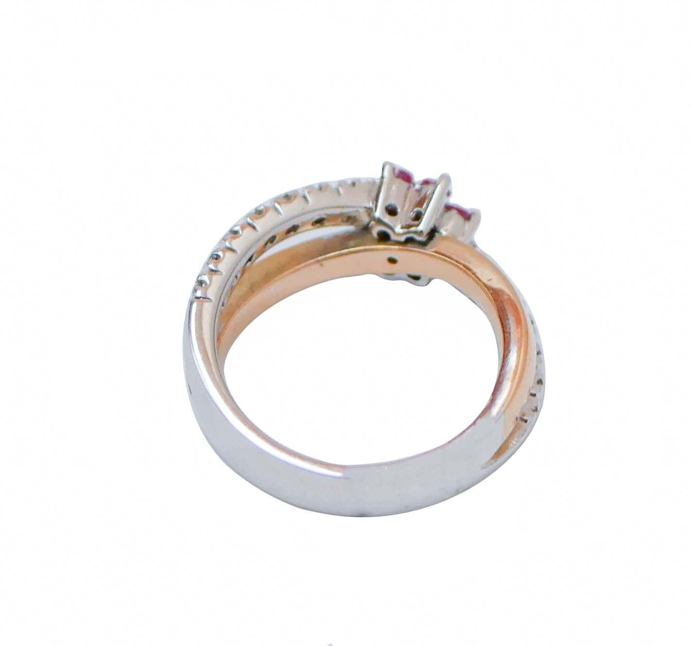 Modern Rubies, Diamonds, 18 Karat White Gold and Rose Gold Ring. For Sale