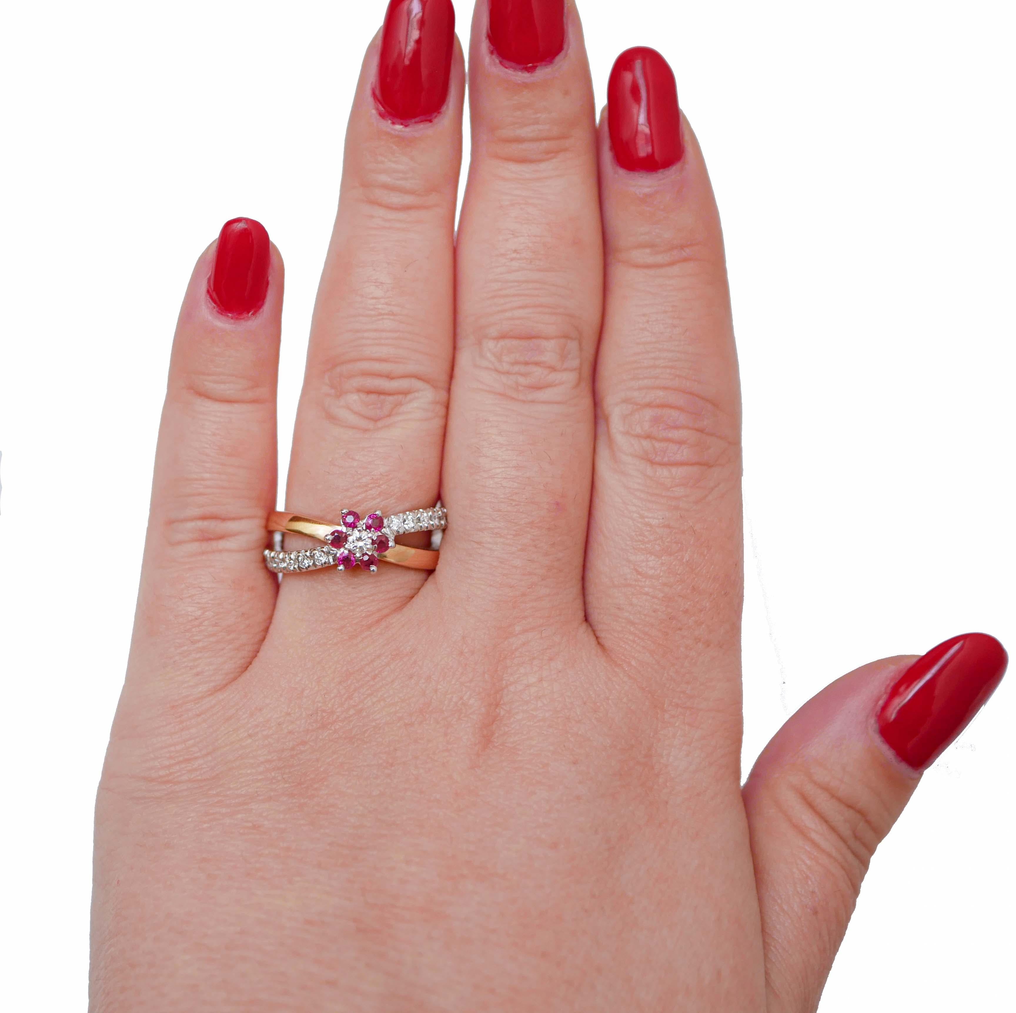 Mixed Cut Rubies, Diamonds, 18 Karat White Gold and Rose Gold Ring. For Sale