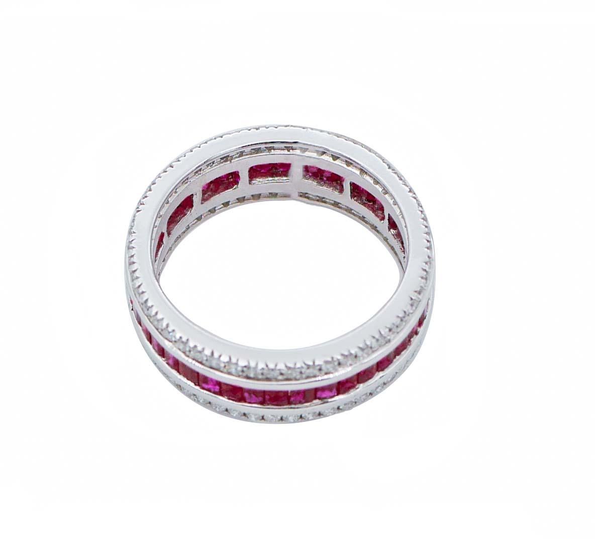 Retro Rubies, Diamonds, 18 Karat White Gold Band Ring