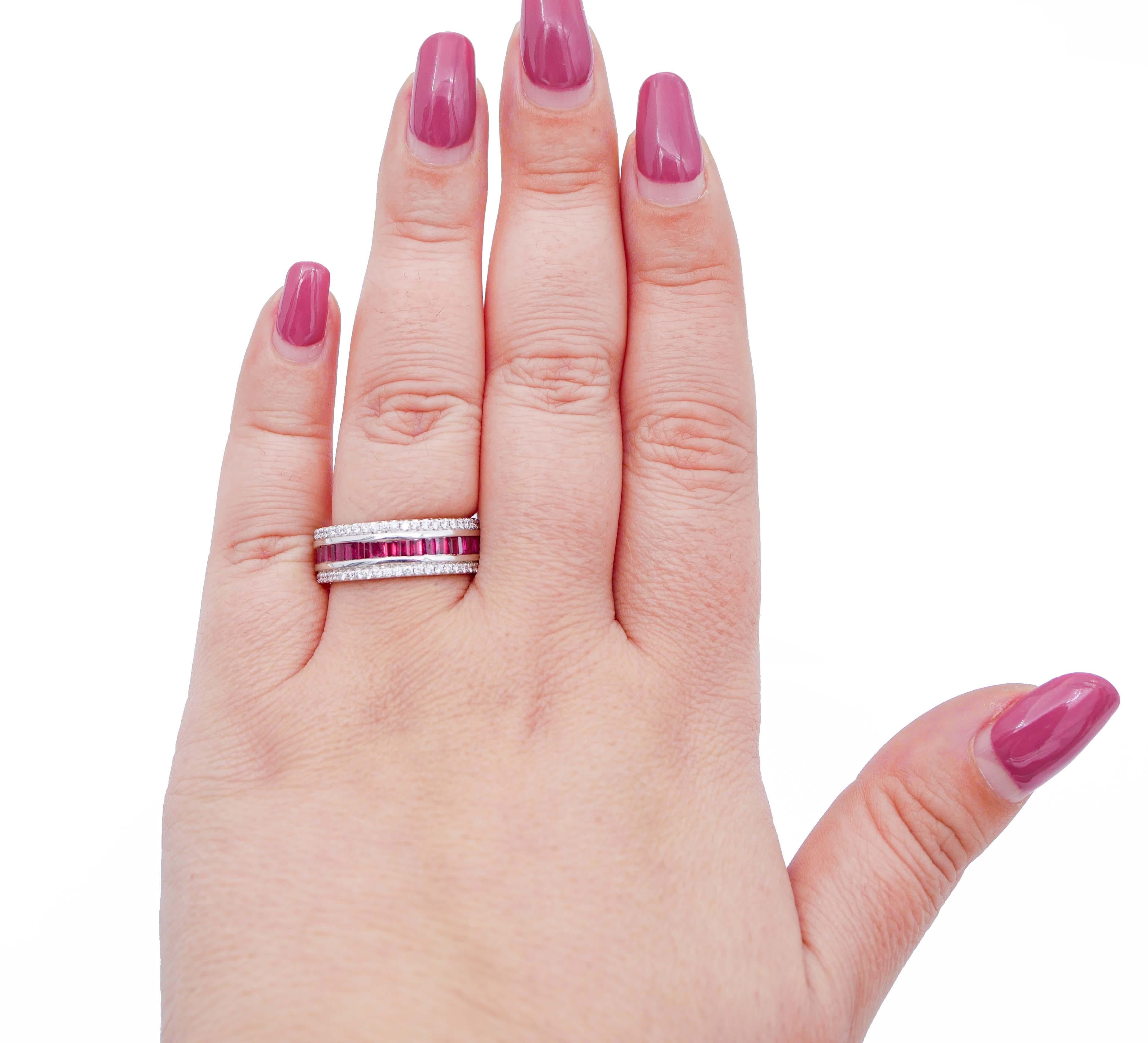 Mixed Cut Rubies, Diamonds, 18 Karat White Gold Band Ring