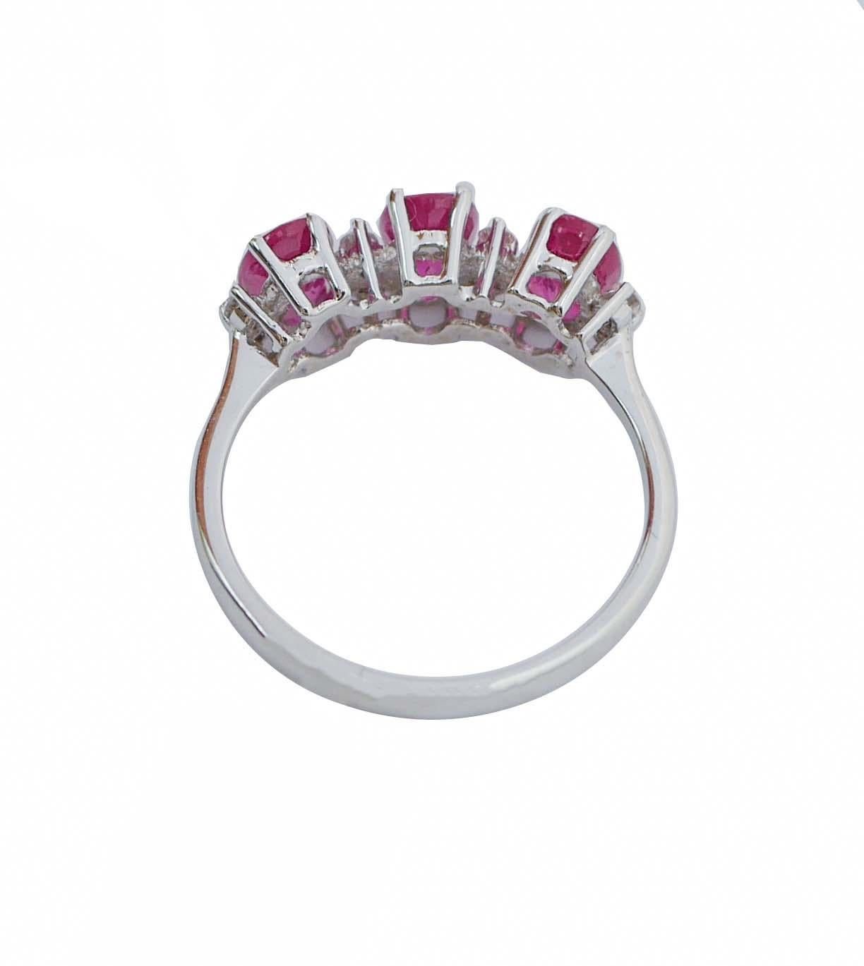 Mixed Cut Rubies, Diamonds, 18 Karat White Gold Modern Ring. For Sale