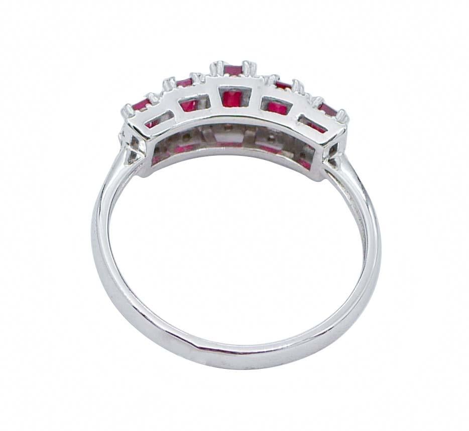 Modern Rubies, Diamonds, 18 Karat White Gold Ring For Sale