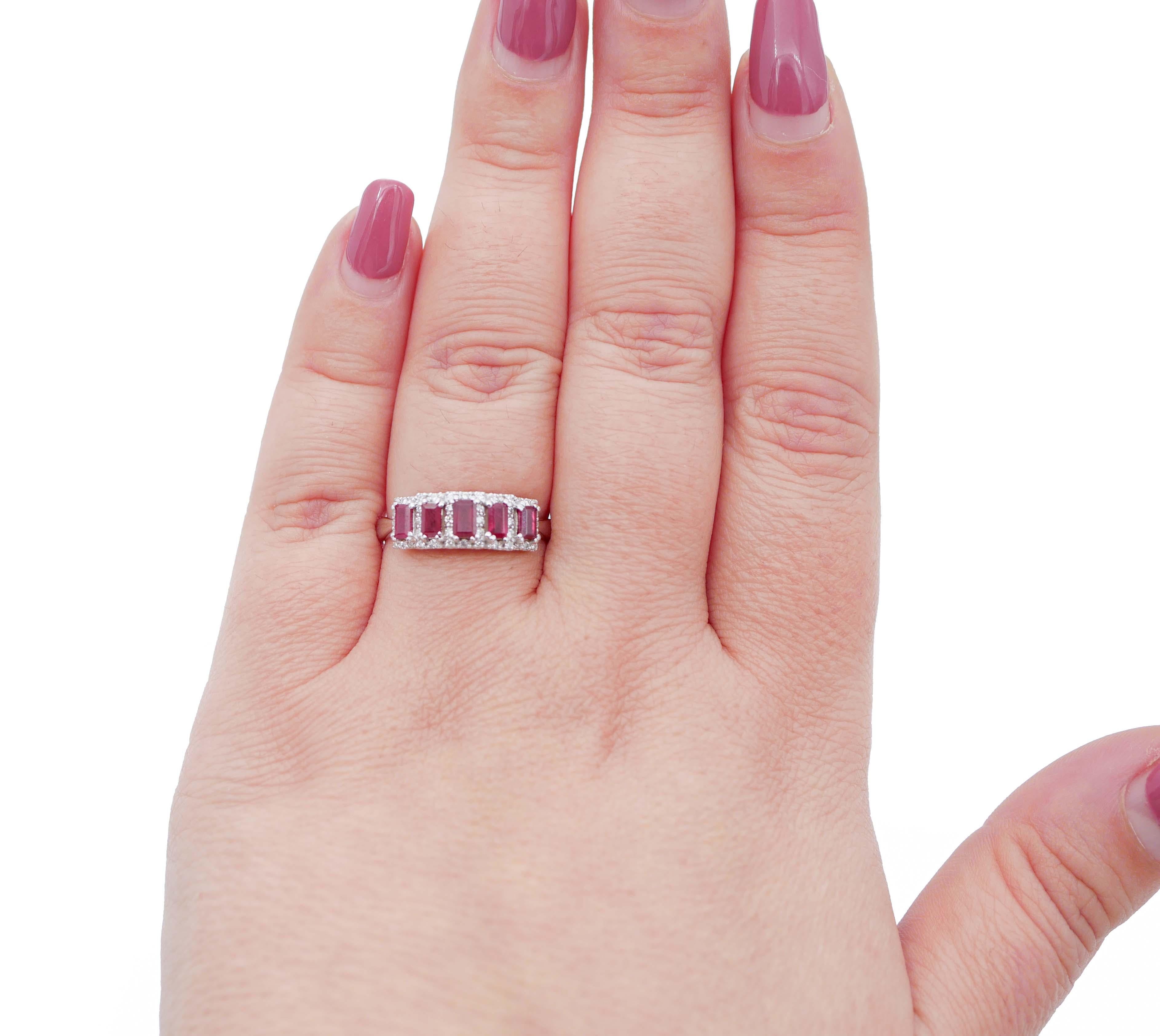 Mixed Cut Rubies, Diamonds, 18 Karat White Gold Ring For Sale