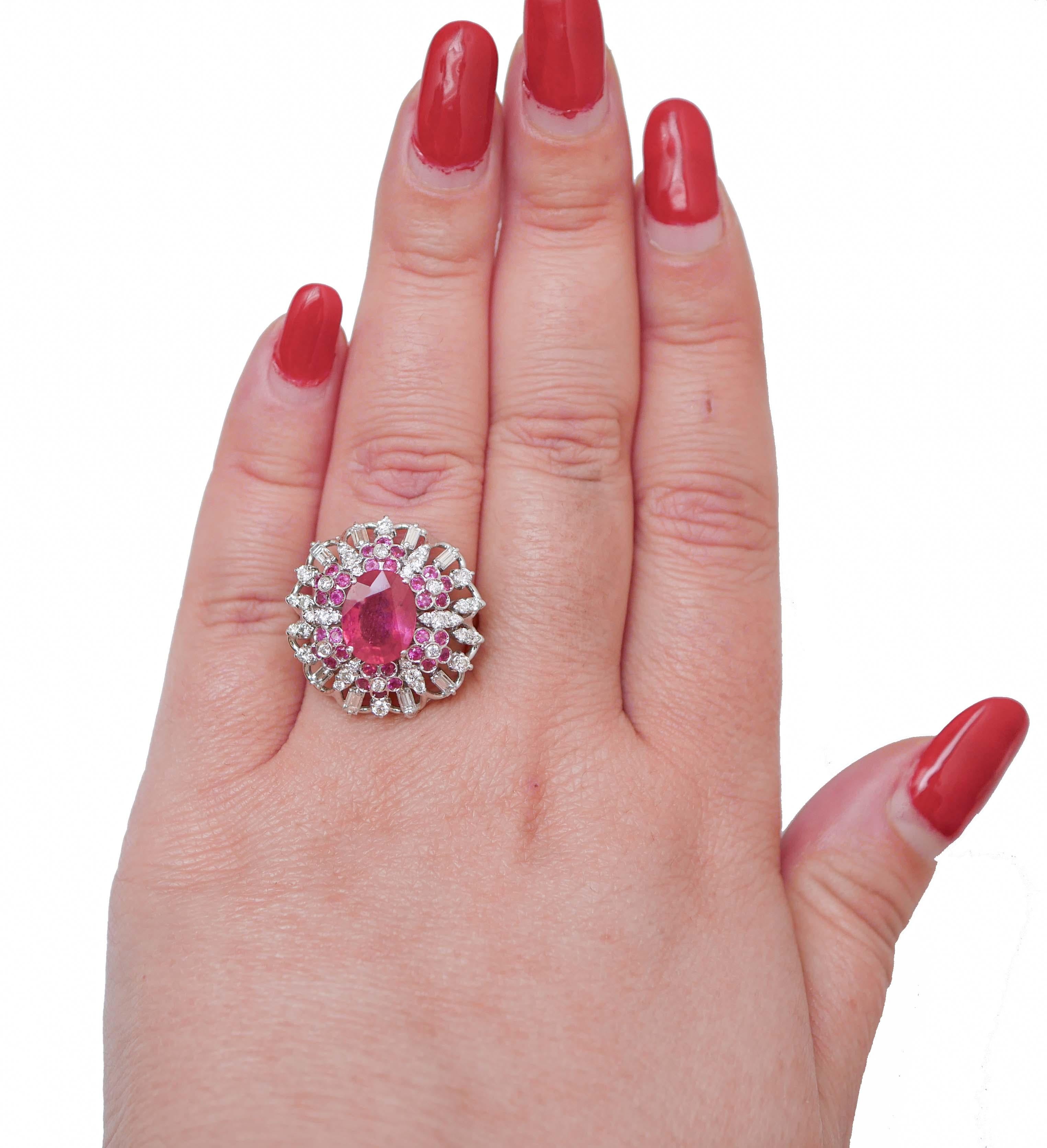 Mixed Cut Rubies, Diamonds, 18 Karat White Gold Ring. For Sale