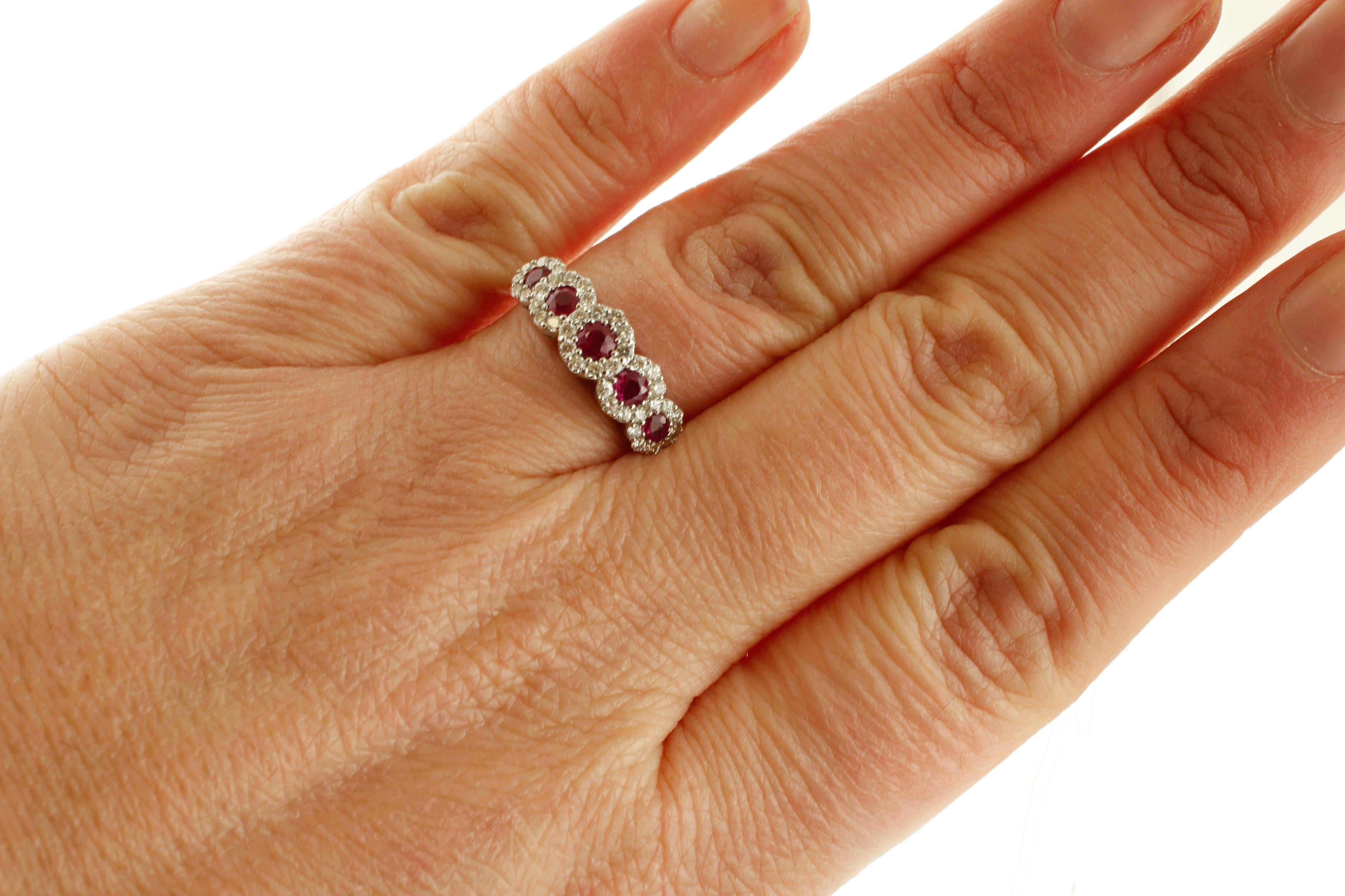 Modern Rubies, Diamonds, 18 Karat White Gold Ring For Sale