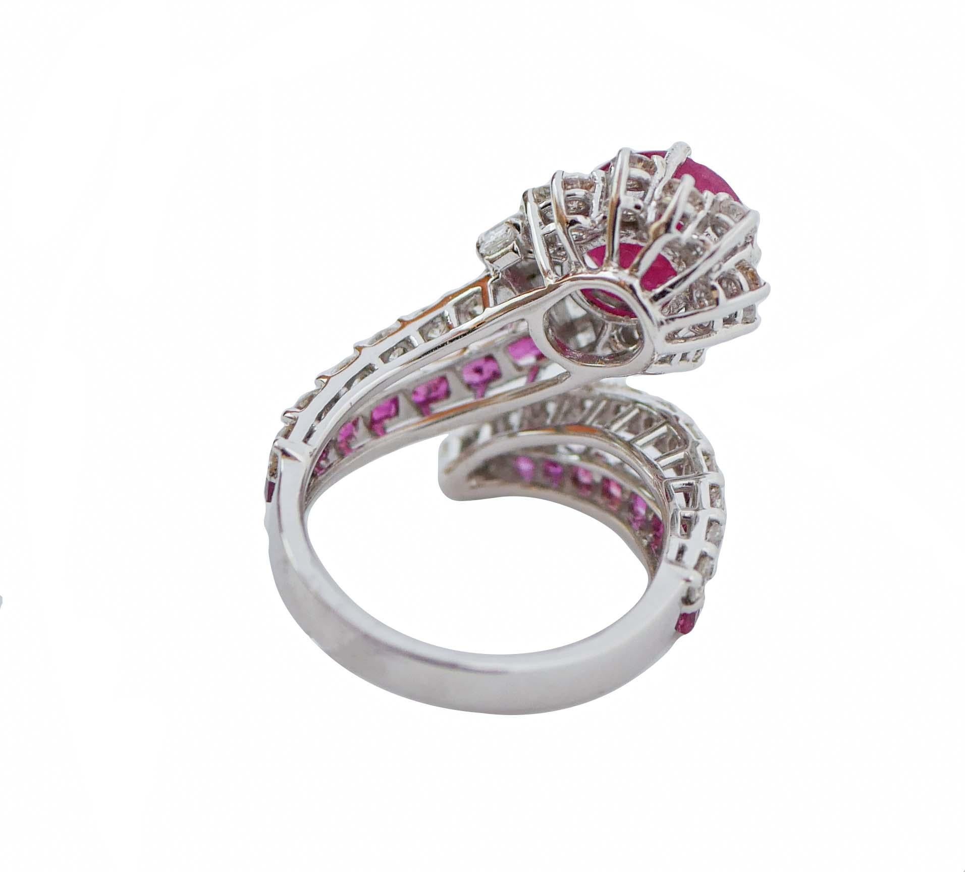 Retro Rubies, Diamonds, 18 Karat White Gold Snake Ring. For Sale