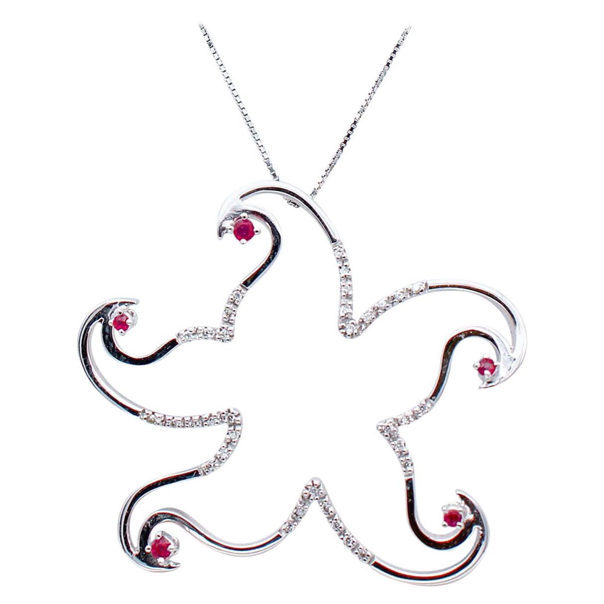 Rubíes, Diamantes, Oro Blanco 18 Kilates Collar Colgante Forma Estrella