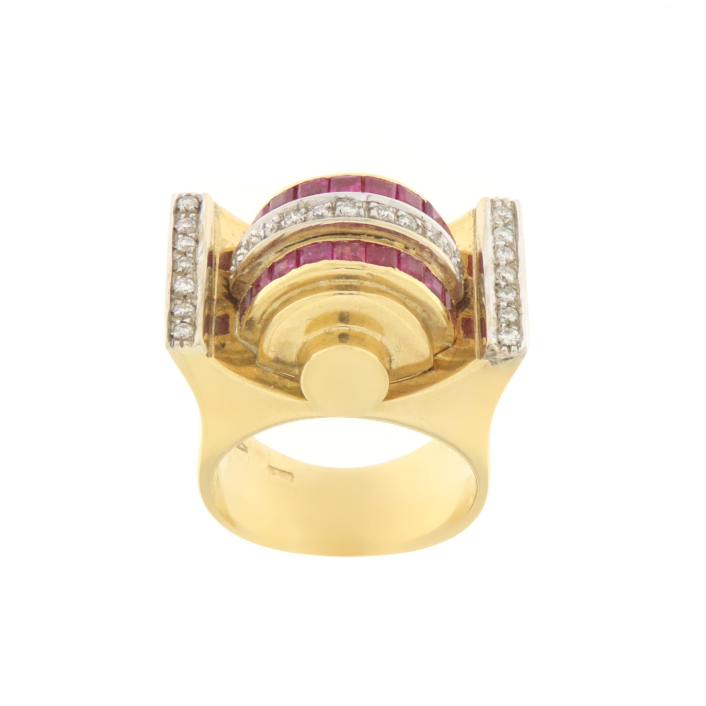 Artisan Rubies Diamonds 18 Karat Yellow Gold Cocktail Ring For Sale