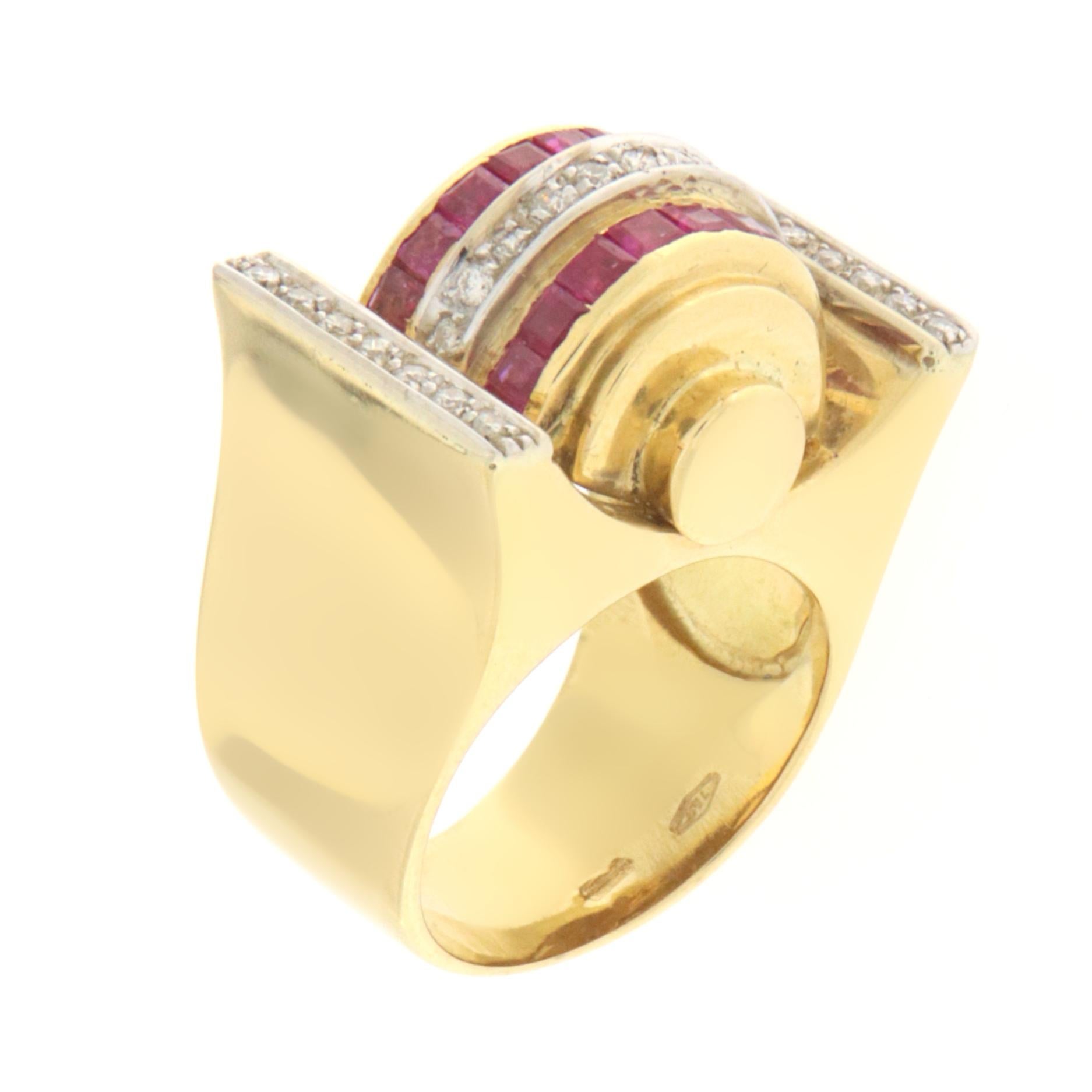 Brilliant Cut Rubies Diamonds 18 Karat Yellow Gold Cocktail Ring For Sale
