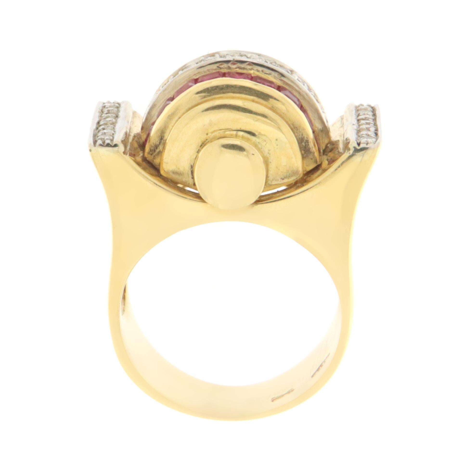 Rubies Diamonds 18 Karat Yellow Gold Cocktail Ring In New Condition For Sale In Marcianise, IT