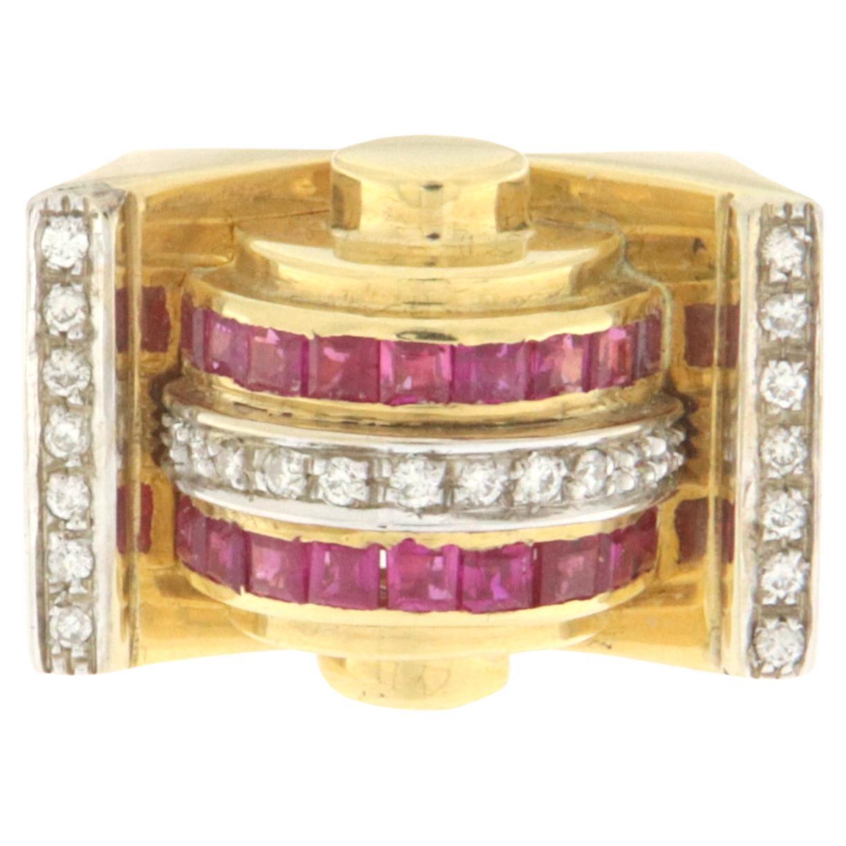Rubies Diamonds 18 Karat Yellow Gold Cocktail Ring For Sale