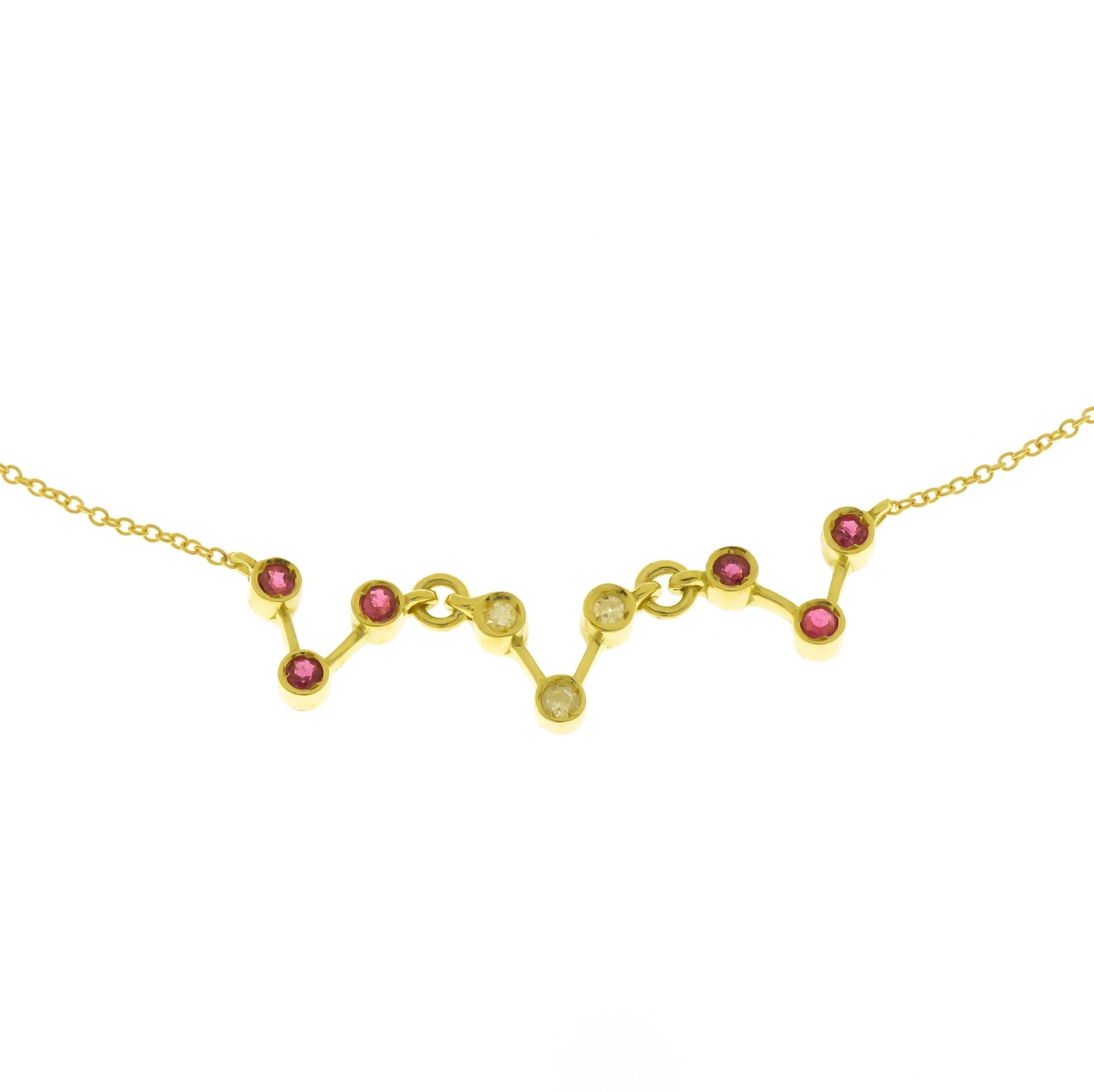 Beautiful necklace featuring 6 brilliant karat rubies and 3 briliant cut diamonds in a crown motif setting fastened to a rolo chain. Both setting and chain are crafted in 18 karat yellow gold. The necklace length is adjustable from 380 mm to 410 mm