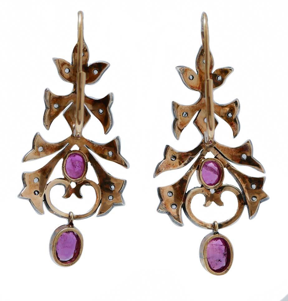 Retro Rubies, Diamonds, 18 Kt  Rose Gold and Silver Earrings. For Sale