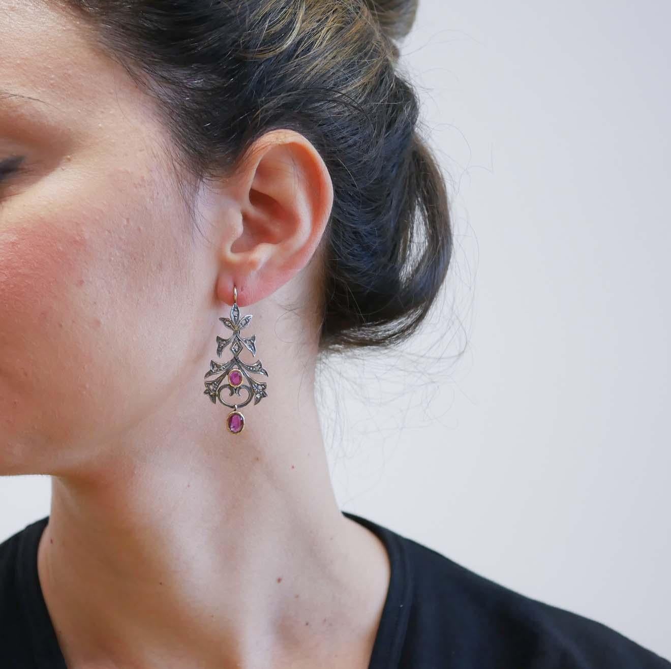 Mixed Cut Rubies, Diamonds, 18 Kt  Rose Gold and Silver Earrings. For Sale