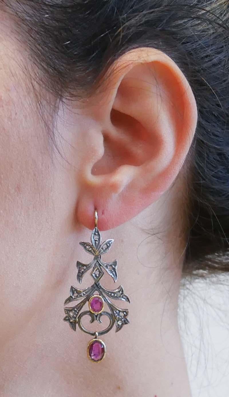 Rubies, Diamonds, 18 Kt  Rose Gold and Silver Earrings. In Good Condition For Sale In Marcianise, Marcianise (CE)