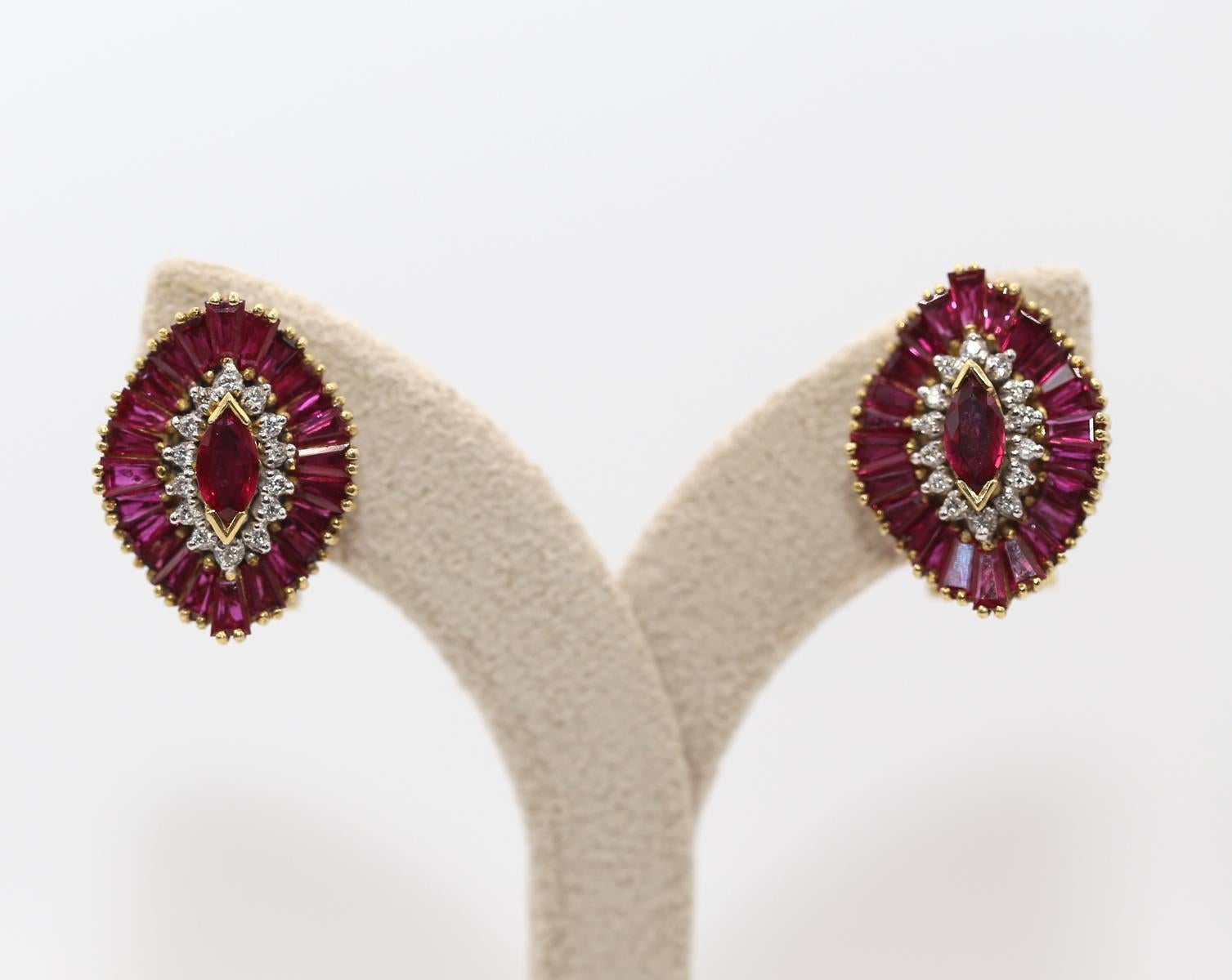 Boucles d'oreilles en or jaune 18 carats, rubis et diamants, 1970 en vente 2