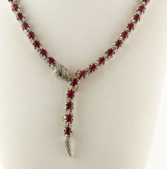 Rubies, Diamonds, 9 Karat Yellow Gold and Silver, Retro Snake Necklace