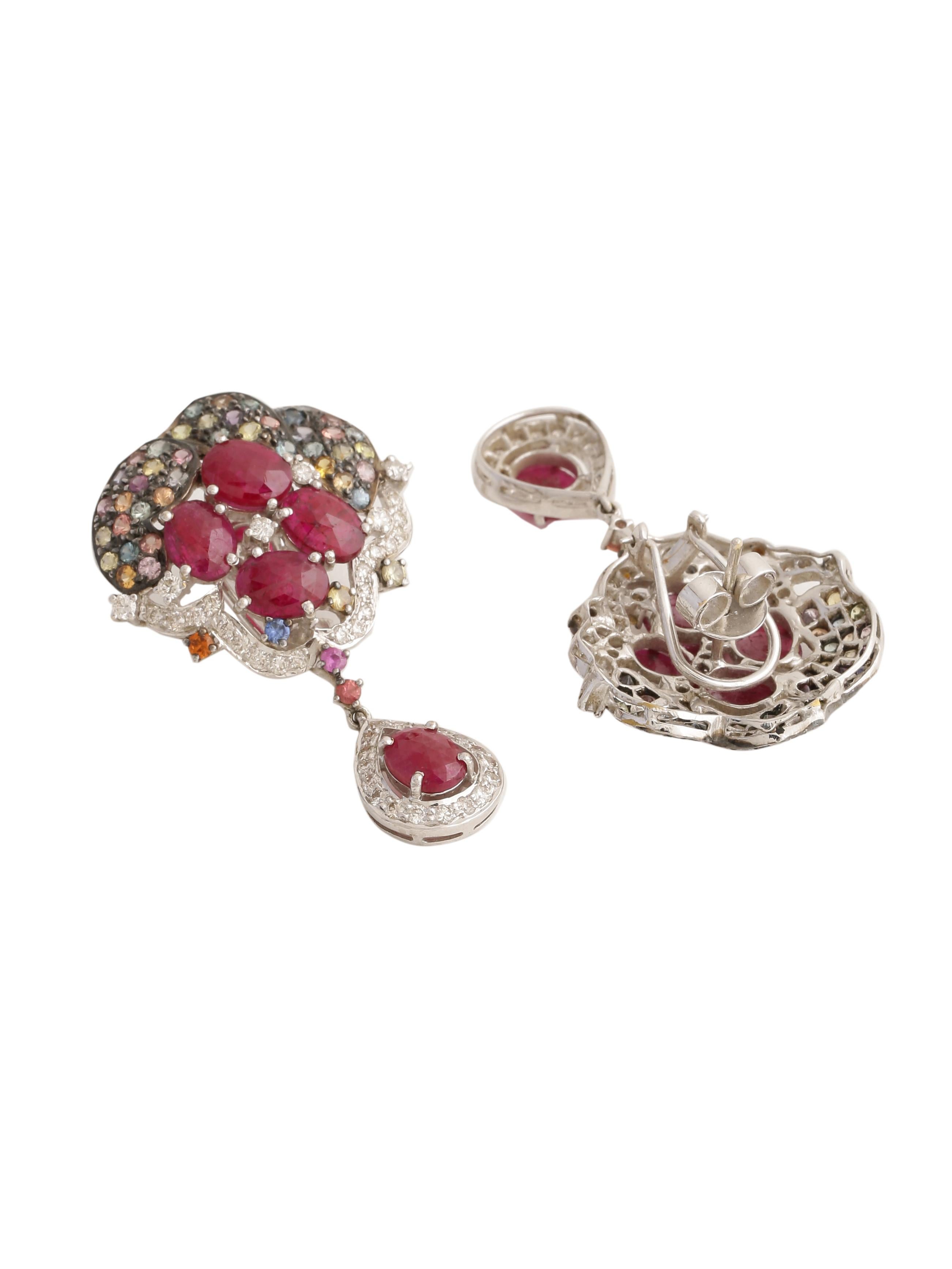 Art Deco Rubies Diamonds and Multi Color Sapphires Earring Pair in 18K Gold For Sale