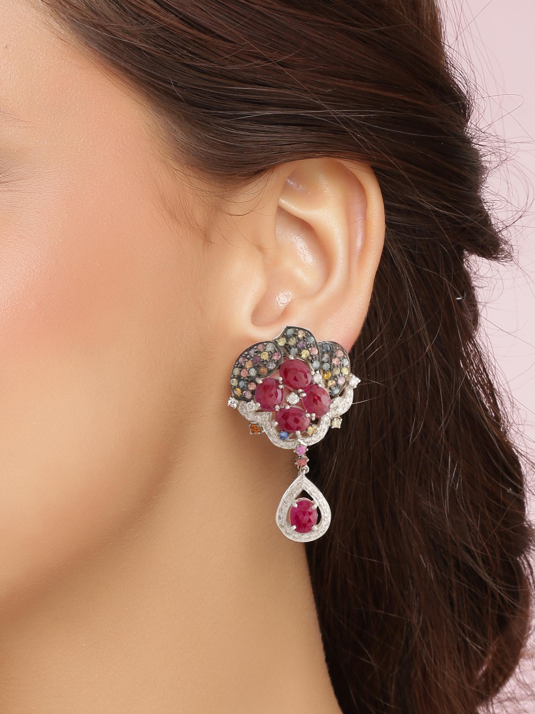 Round Cut Rubies Diamonds and Multi Color Sapphires Earring Pair in 18K Gold For Sale