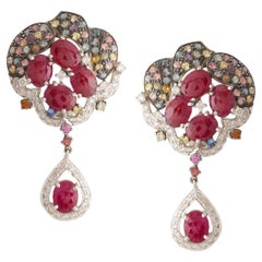 Rubies Diamonds and Multi Color Sapphires Earring Pair in 18K Gold
