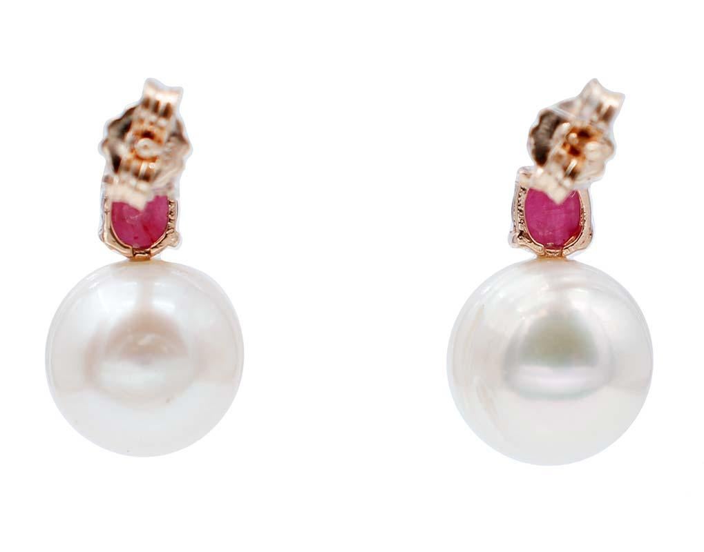 Retro Rubies, Diamonds, Baroque Pearl, 14 Karat Rose Gold Stud Earrings