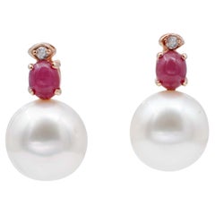 Rubies, Diamonds, Baroque Pearl, 14 Karat Rose Gold Stud Earrings
