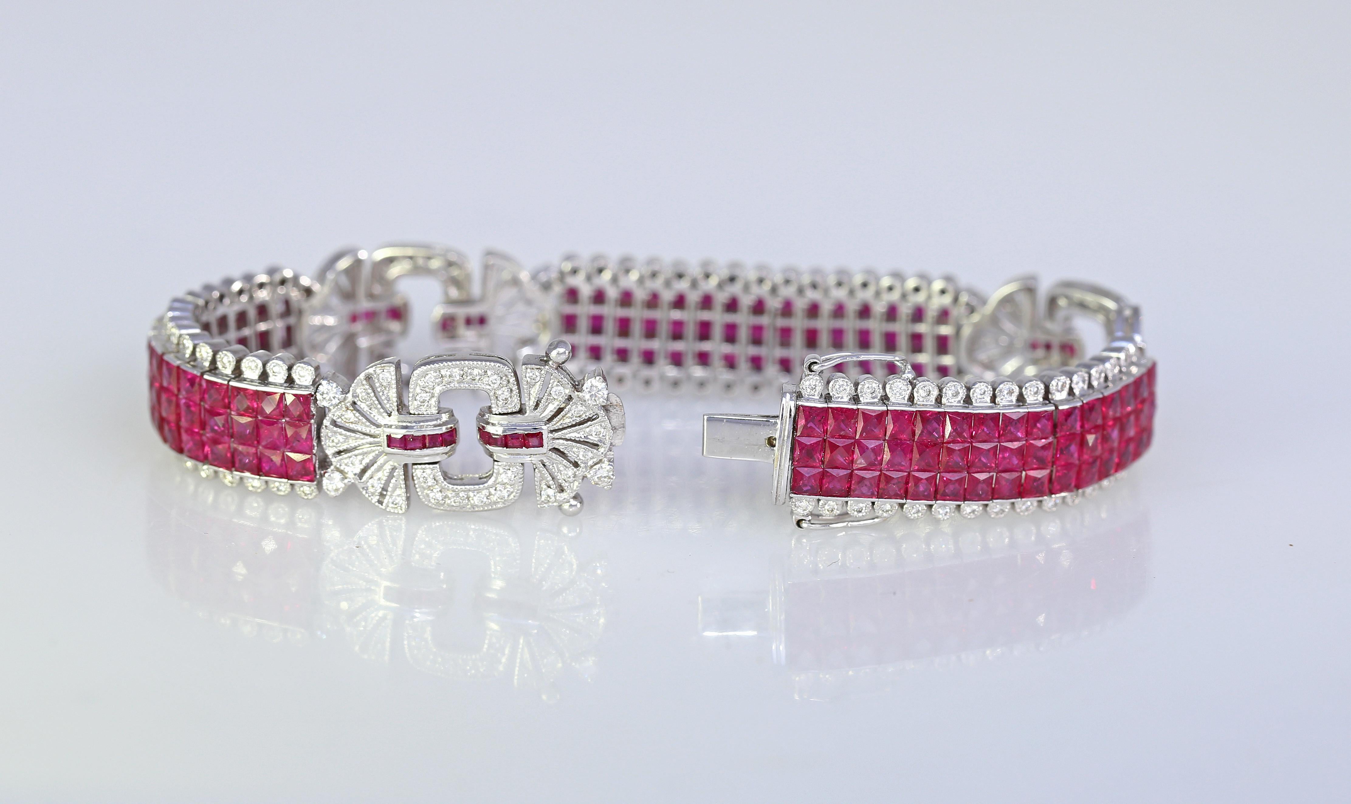 Rubies Diamonds Bracelet set Invisibly. Very high-quality Rubies of deep red color. Hand made in 2000.  The fine setting technique of rubies is totally invisible, each stone is neatly aligned to another to form a uniform red line, and yet the