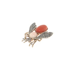 Rubies Diamonds Coral 14 Karat Yellow Gold Fly Brooch