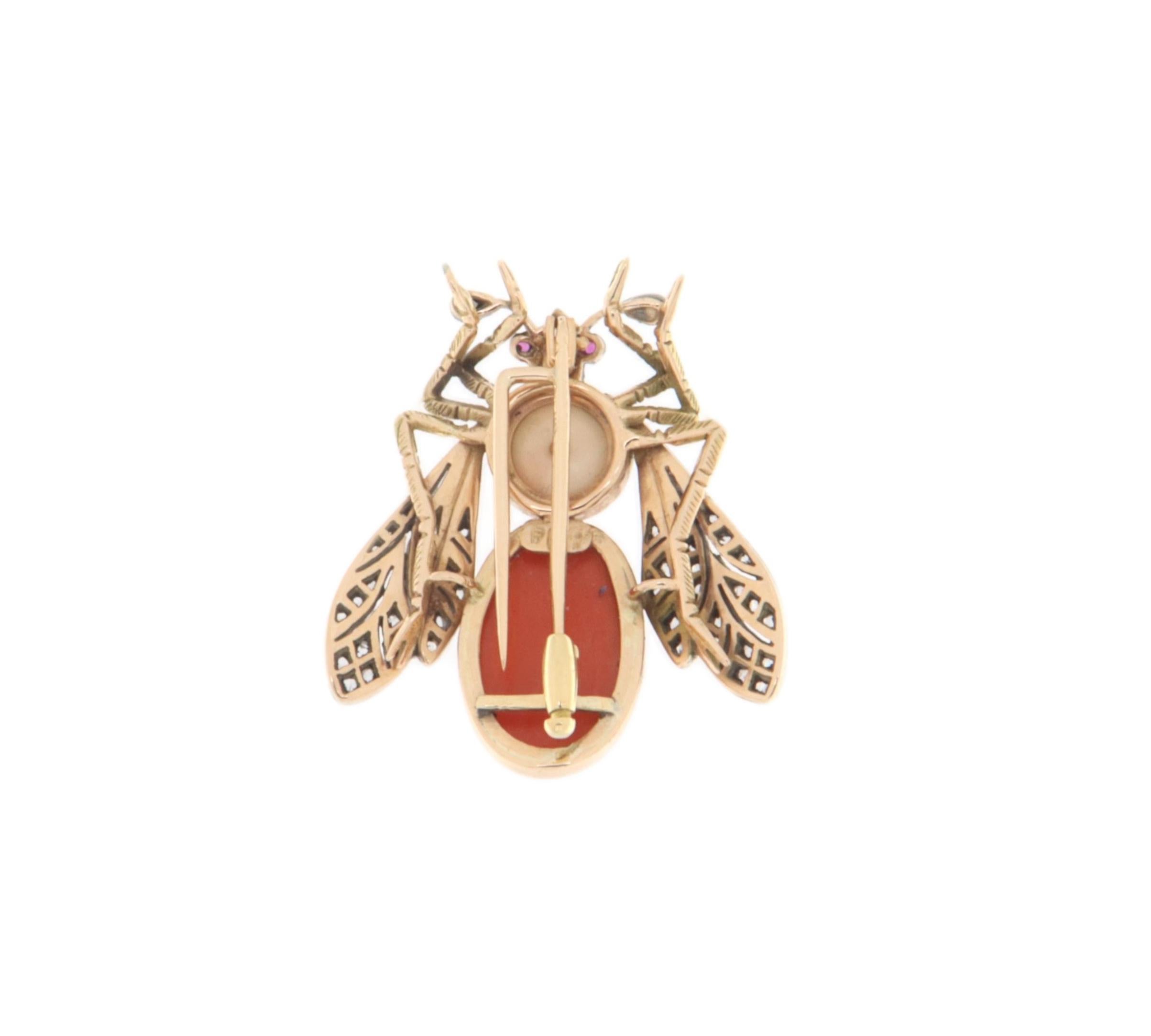 Artisan Rubies Diamonds Coral 14 Karat Yellow Gold Fly Brooch For Sale