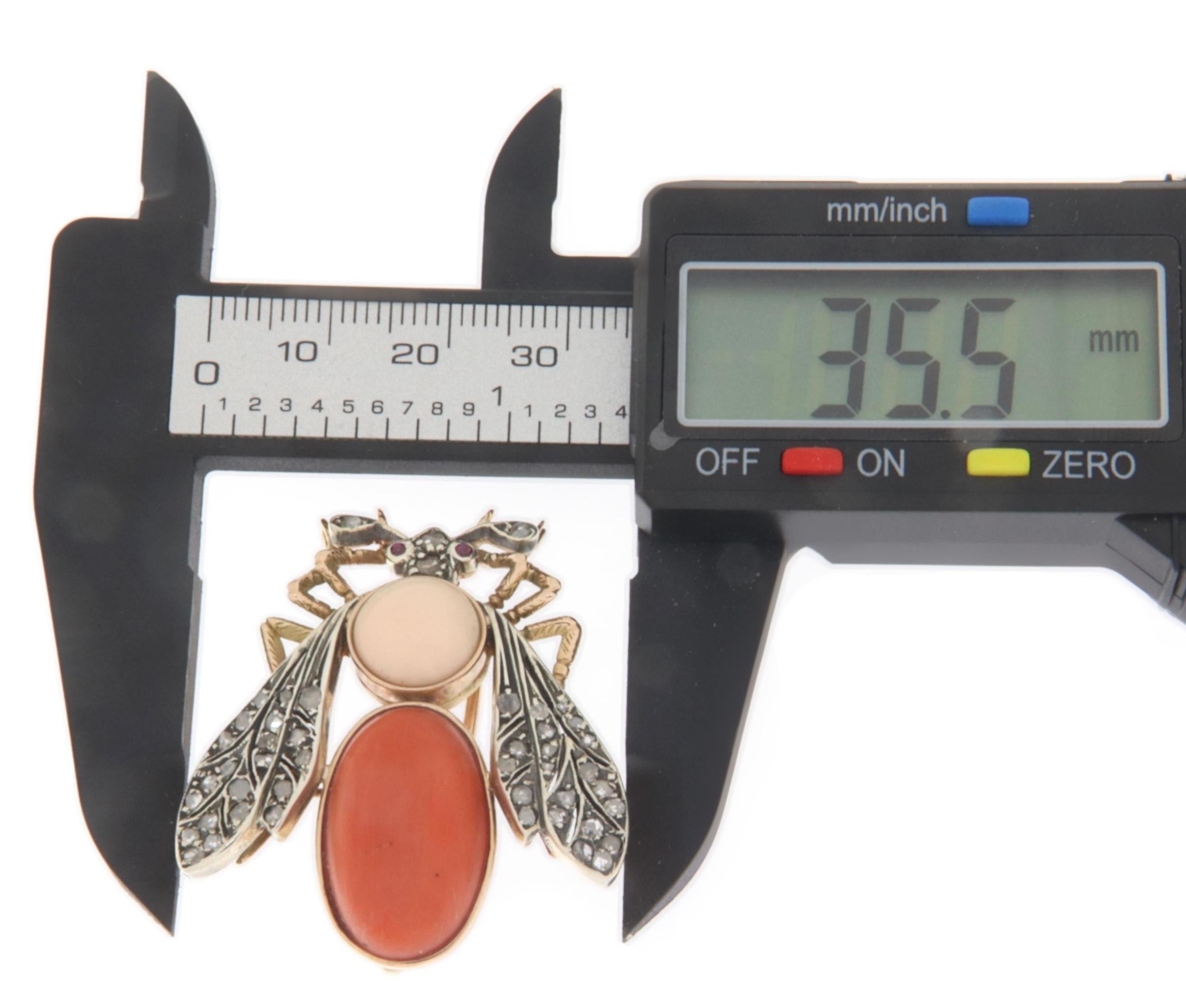 Old European Cut Rubies Diamonds Coral 14 Karat Yellow Gold Fly Brooch For Sale