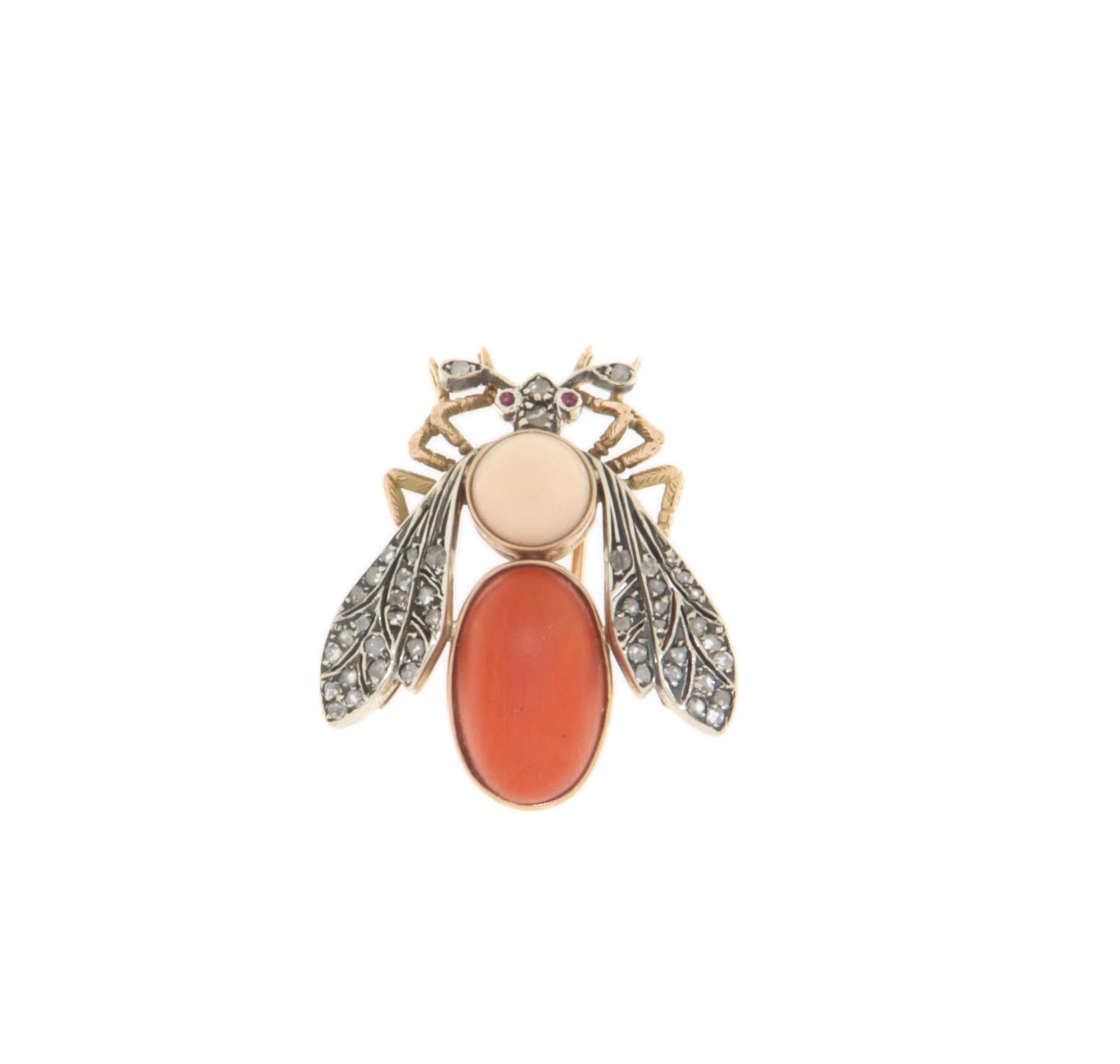 Women's Rubies Diamonds Coral 14 Karat Yellow Gold Fly Brooch For Sale
