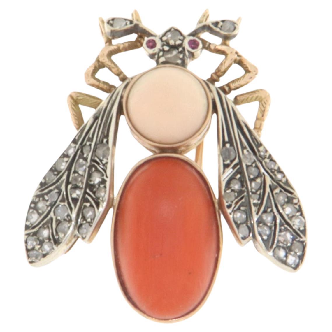 Rubies Diamonds Coral 14 Karat Yellow Gold Fly Brooch