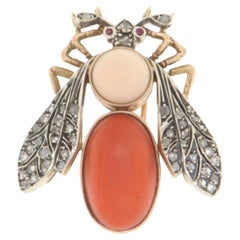 Rubies Diamonds Coral 14 Karat Yellow Gold Fly Brooch