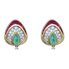 Rubies Diamonds Emeralds 18k Yellow Gold Italian Earrings, 1970