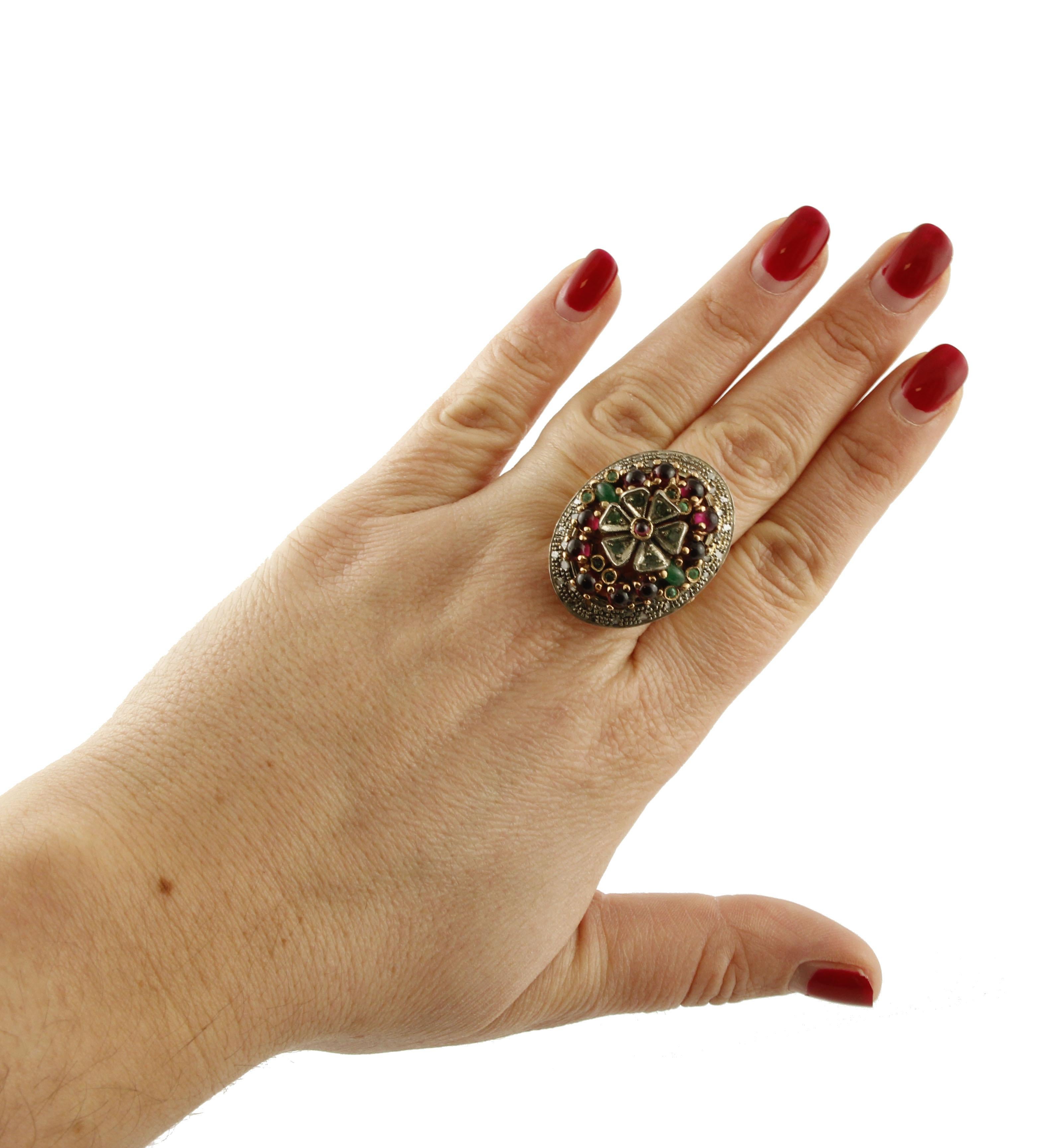 Women's Rubies Diamonds Emeralds Rose Gold and Silver Cocktail Ring For Sale