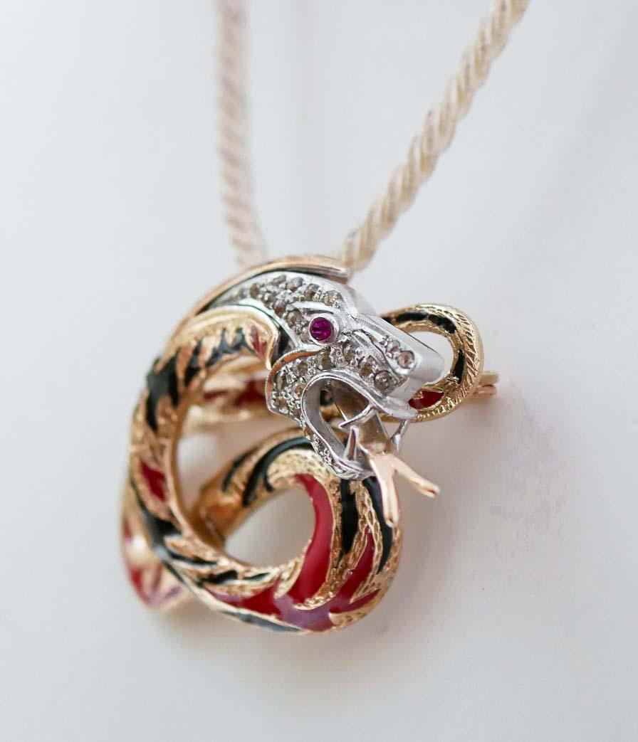 Retro Rubies, Diamonds, Enamel, Rose Gold and Silver  Dragon Shape  Brooch / Pendant. For Sale