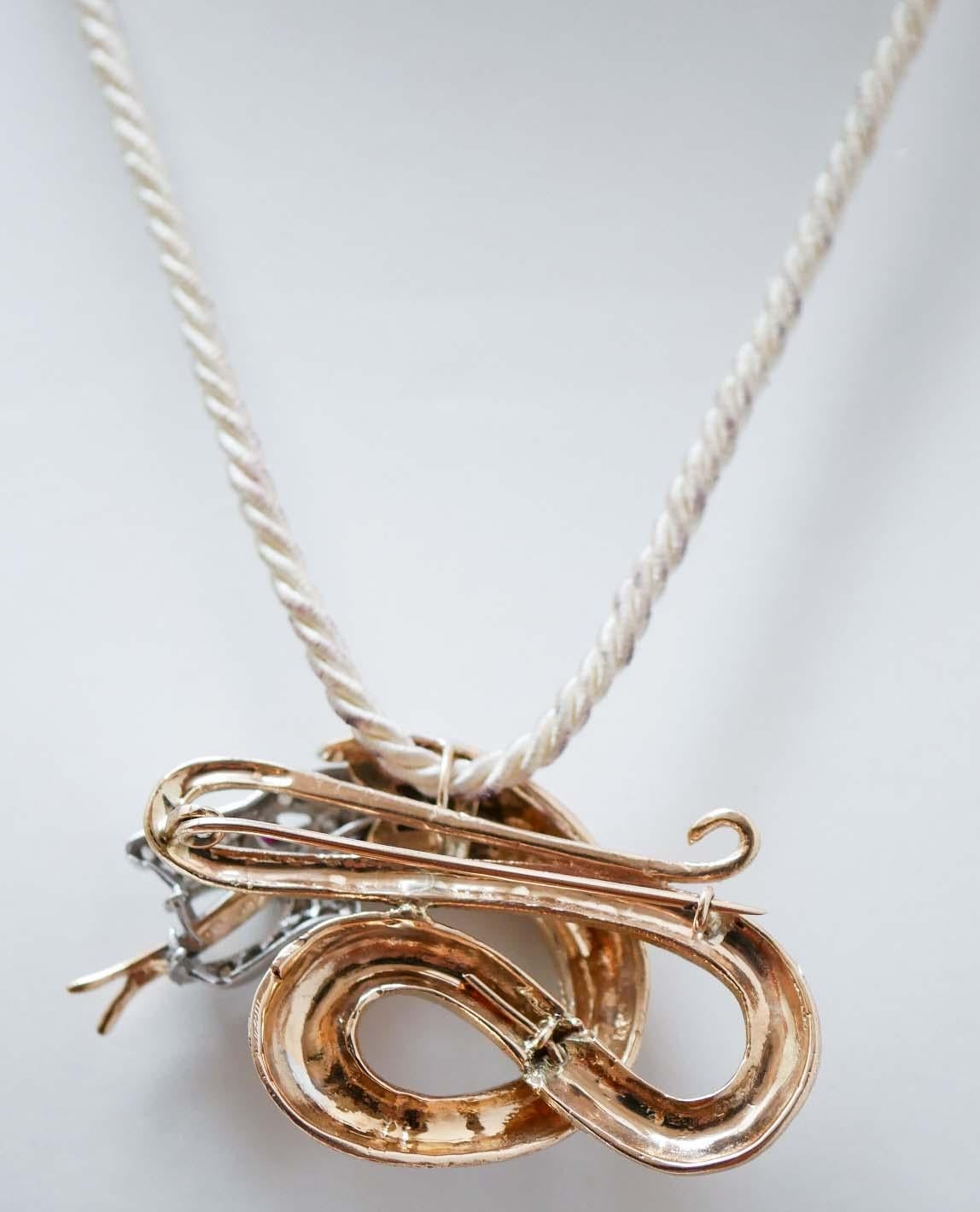 Mixed Cut Rubies, Diamonds, Enamel, Rose Gold and Silver  Dragon Shape  Brooch / Pendant. For Sale