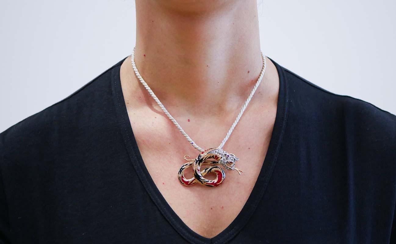 Women's Rubies, Diamonds, Enamel, Rose Gold and Silver  Dragon Shape  Brooch / Pendant. For Sale